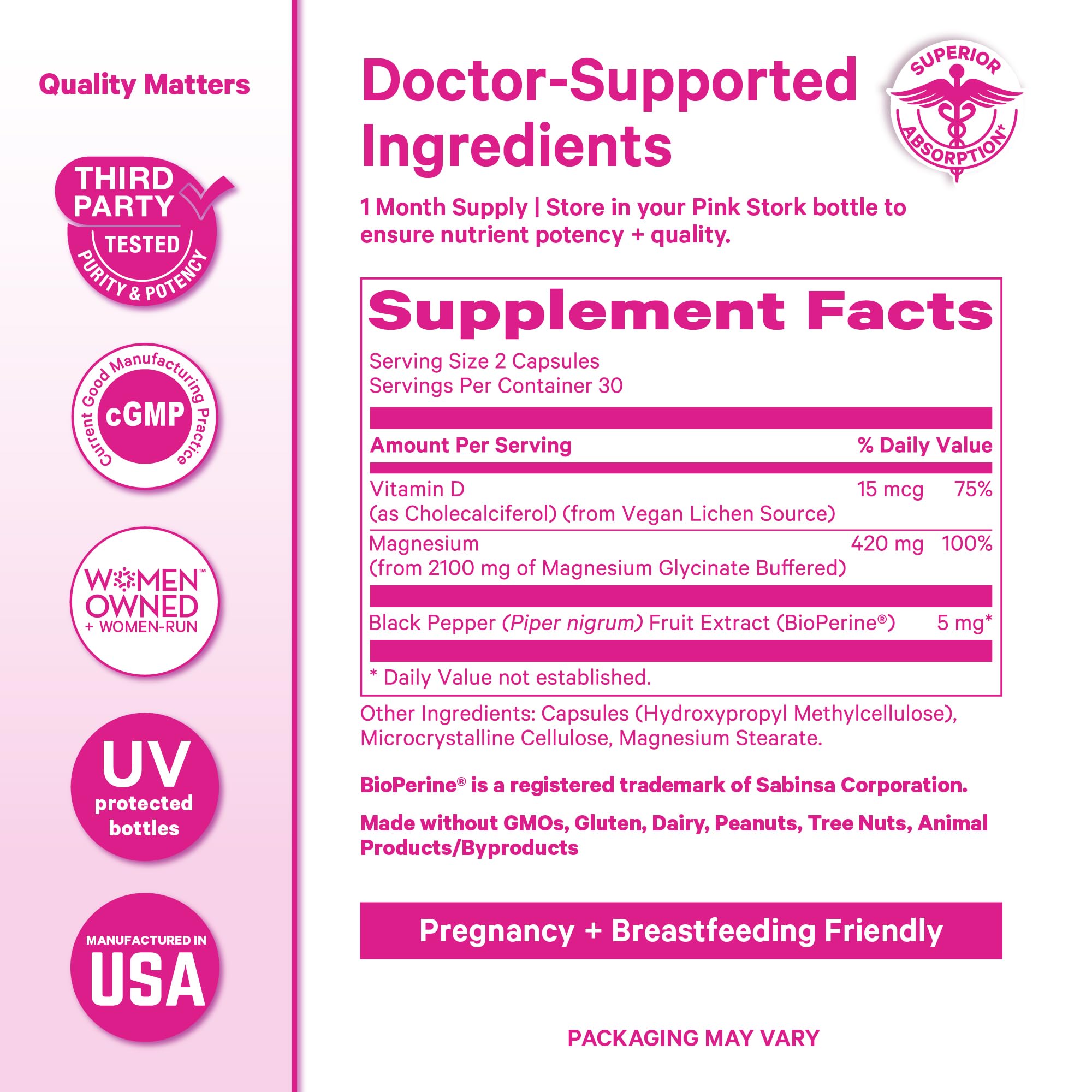 Pink Stork Magnesium Glycinate with Vitamin D - Magnesium Supplement for Women to Support Natural Calm, Mood, and Sleep - Hormone Balance for Women - 60 Capsules, Berry Essence, 1 Month Supply Pink Stork uk supplements