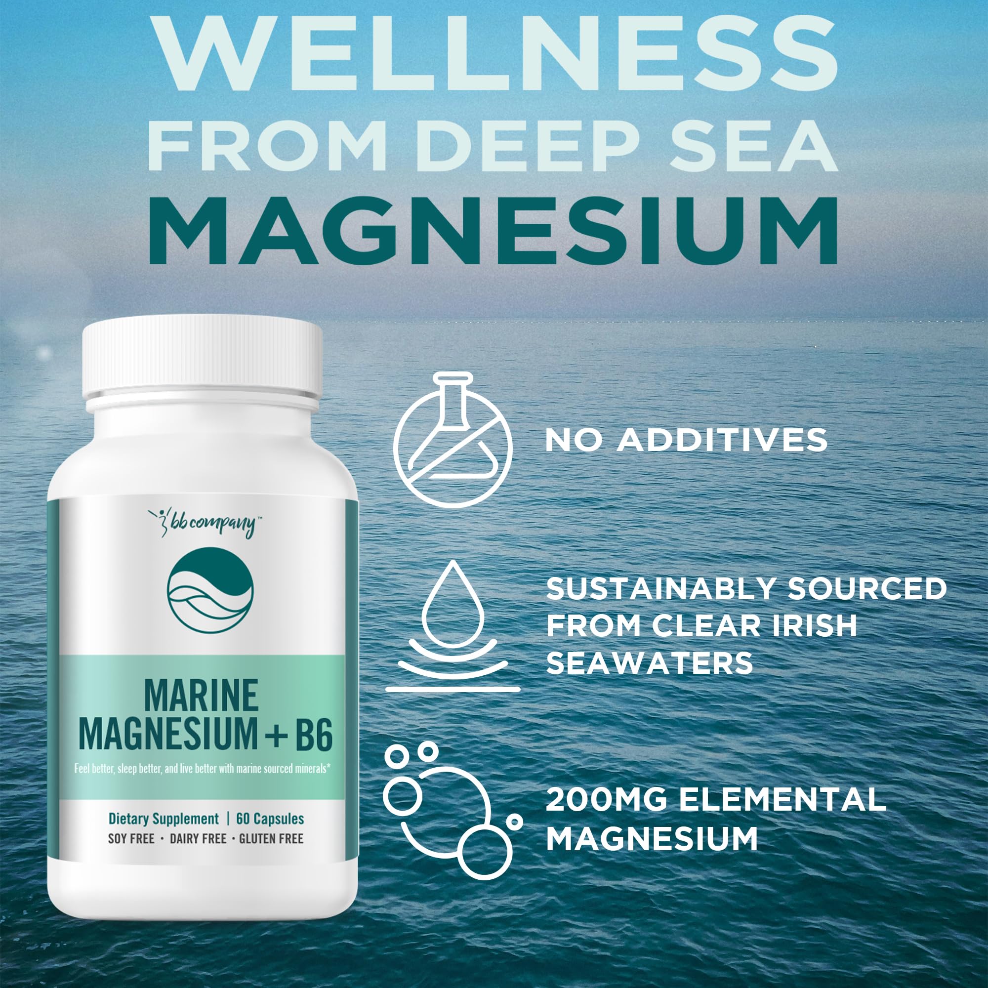 Ocean Magnesium 200mg Aquamin | More Soluble Than Magnesium Glycinate | Whole Food Mag B6 Supplement for Women | Gentle on Stomach & Vegan | Sleep Support, Calms Nerves & Leg Cramps | 60 Ct BB Company uk supplements