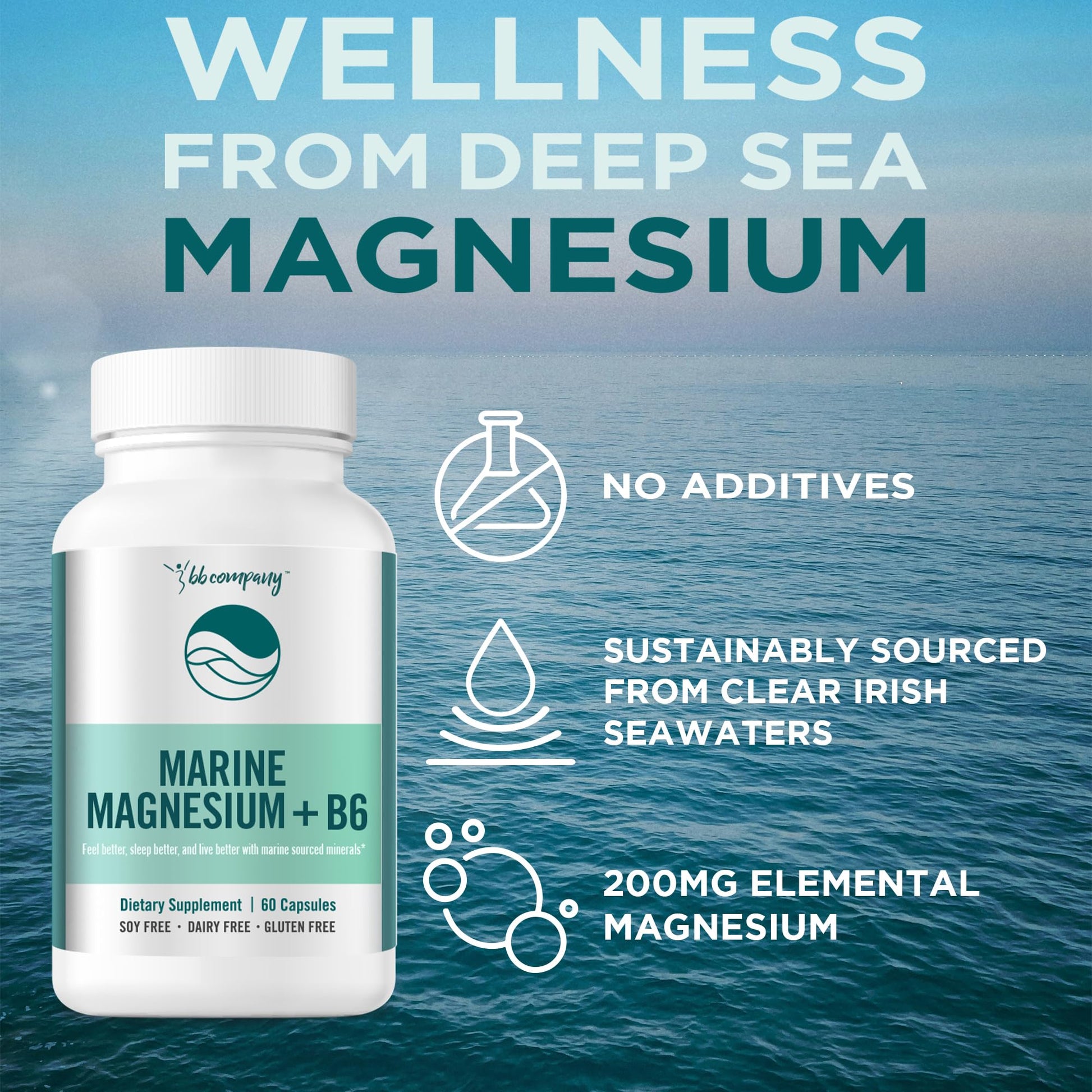 Ocean Magnesium 200mg Aquamin | More Soluble Than Magnesium Glycinate | Whole Food Mag B6 Supplement for Women | Gentle on Stomach & Vegan | Sleep Support, Calms Nerves & Leg Cramps | 60 Ct BB Company uk supplements