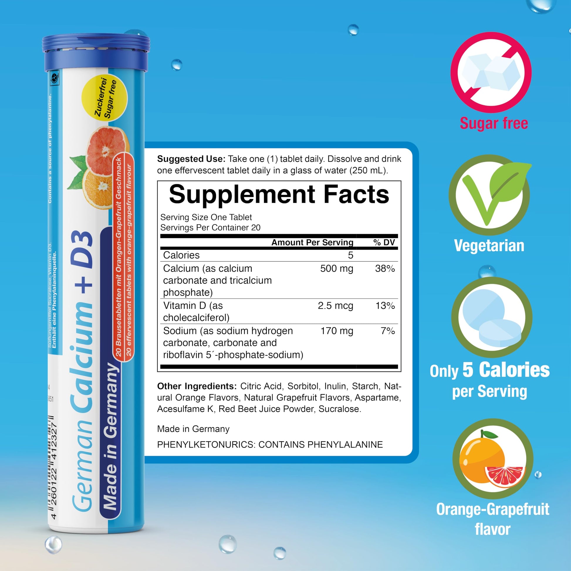 T&D German Vitamin, Minerals - 140 Vegan/Vegetarian Drink Effervescent Tablets - Mixed Fruit Flavor Box - Made in Germany T&D uk supplements