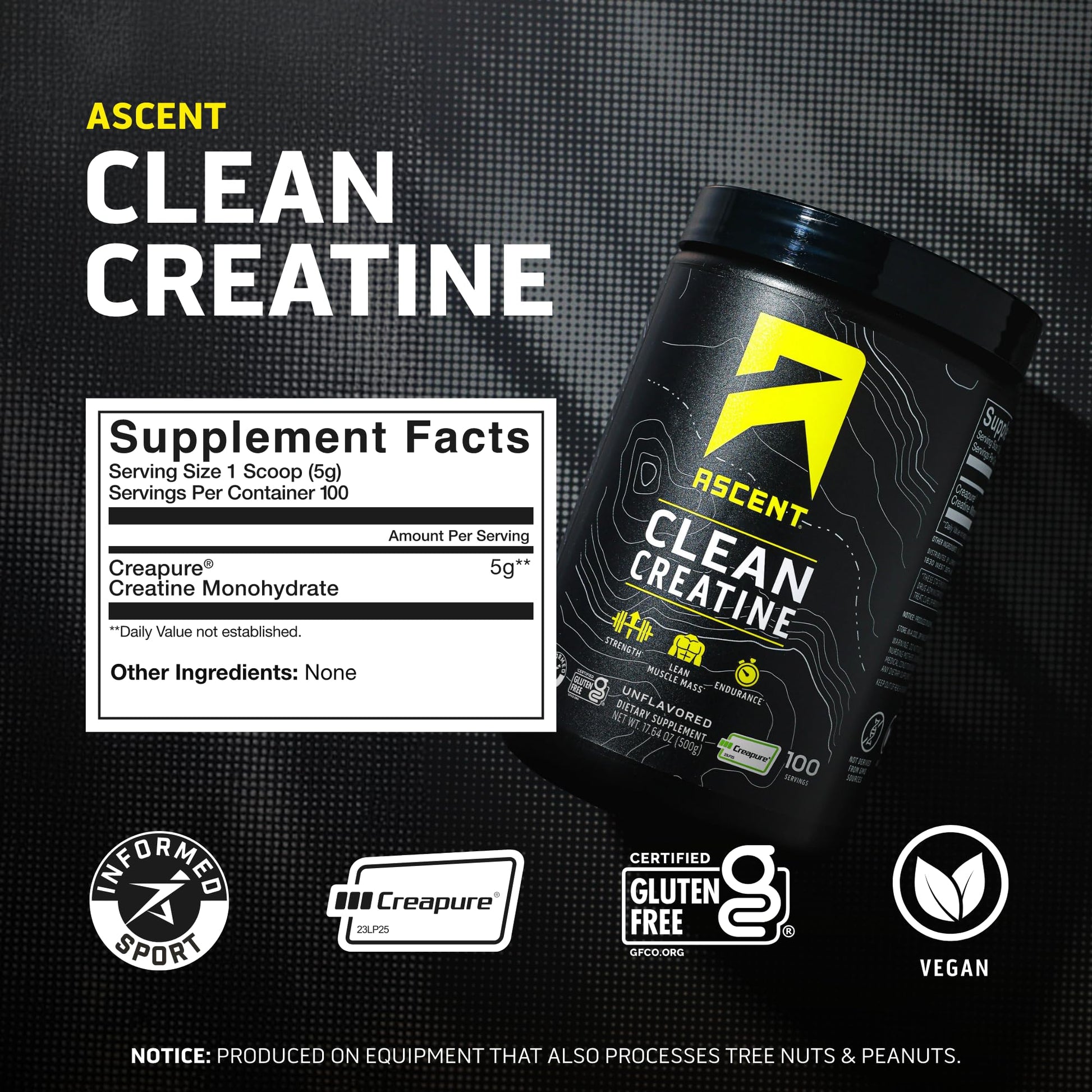 Ascent Clean Creatine Monohydrate Powder - 5G Per Serving, Creapure Creatine Supplement - Unflavored, 100 Servings Ascent uk supplements