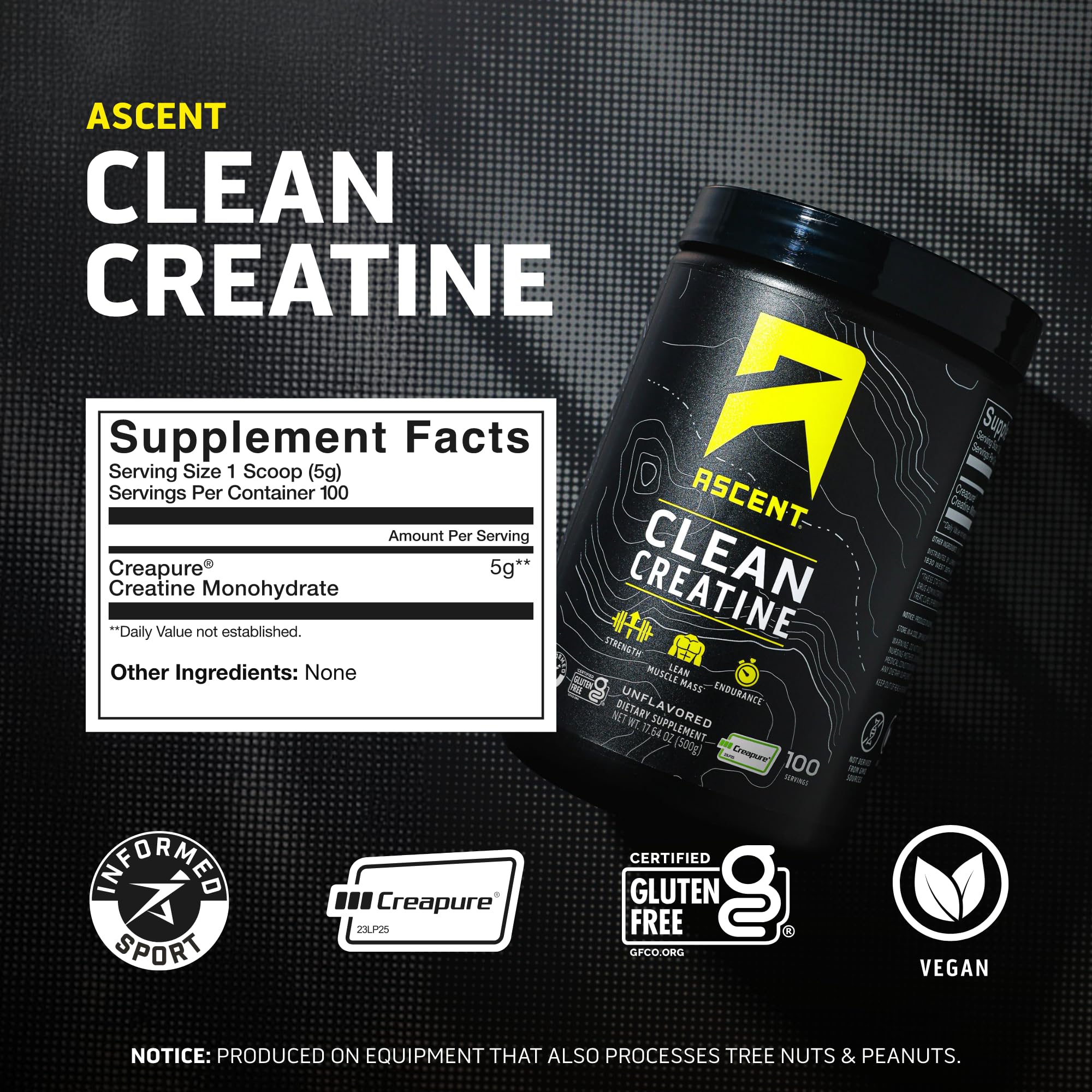 Ascent Clean Creatine Monohydrate Powder - 5G Per Serving, Creapure Creatine Supplement - Unflavored, 100 Servings Ascent uk supplements
