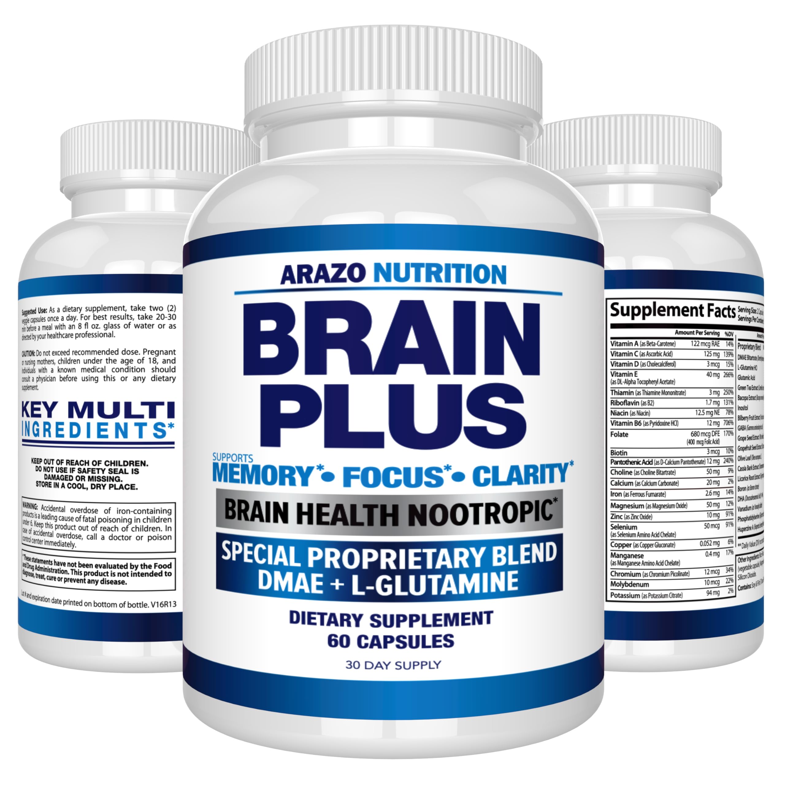 Arazo Nutrition Premium Brain Function Supplement – Memory, Focus, Clarity – Nootropic Booster with DMAE, Bacopa Monnieri, L-Glutamine, Multi Vitamins, Multi Minerals Arazo Nutrition uk supplements