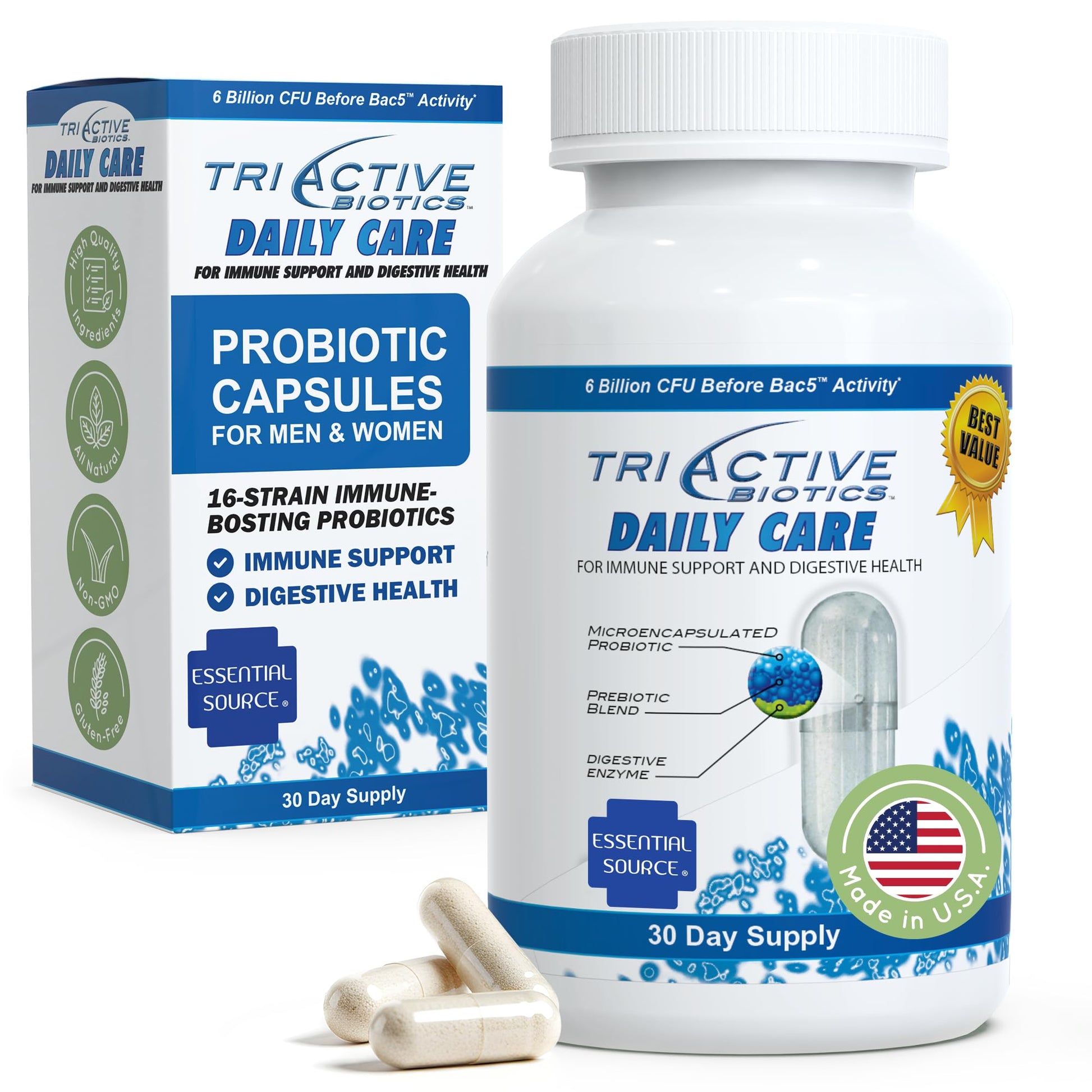 Essential Source TriActive Biotics Daily Care – Probiotics for Women and Men, 6 Billion CFU with Prebiotic Blend – Daily Digestive and Immune Support Gut Health Supplement – 30 Capsules Essential Source uk supplements