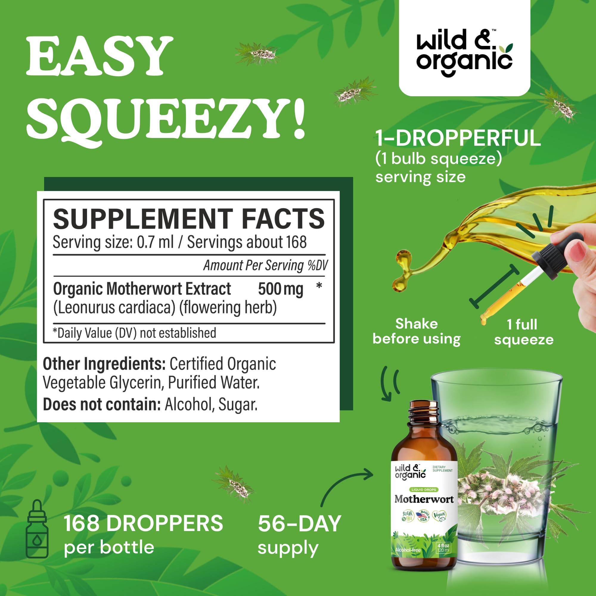 Wild & Organic Motherwort Tincture - Good Mood, Calmness, Overall Support - Supplements for Women with Motherwort Herb - Vegan, Sugar & Alcohol-Free Extract Drops - 4 fl oz Wild & Organic uk supplements