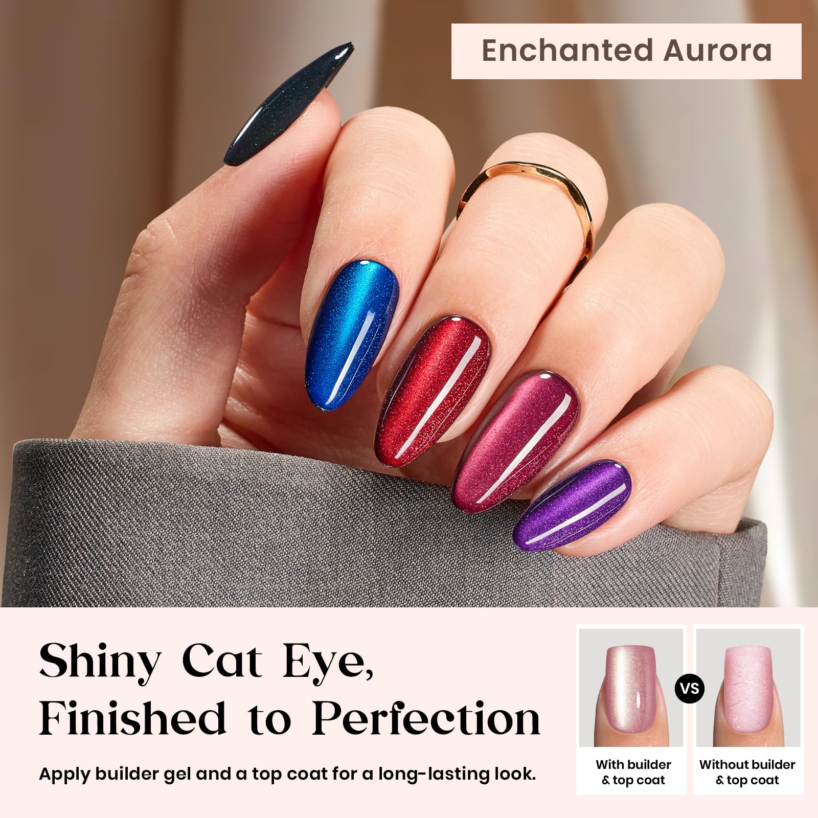 Beetles Cat Eye Nails Kit - Enchanted Aurora | 7 Colors Cat Eye Press On Nails Medium Almond | 224Pcs 16 Sizes All-in-One Kit With Nail Glue,Remover,Builder Top Coat,Nail Lamp Gift beetles Gel Polish uk supplements