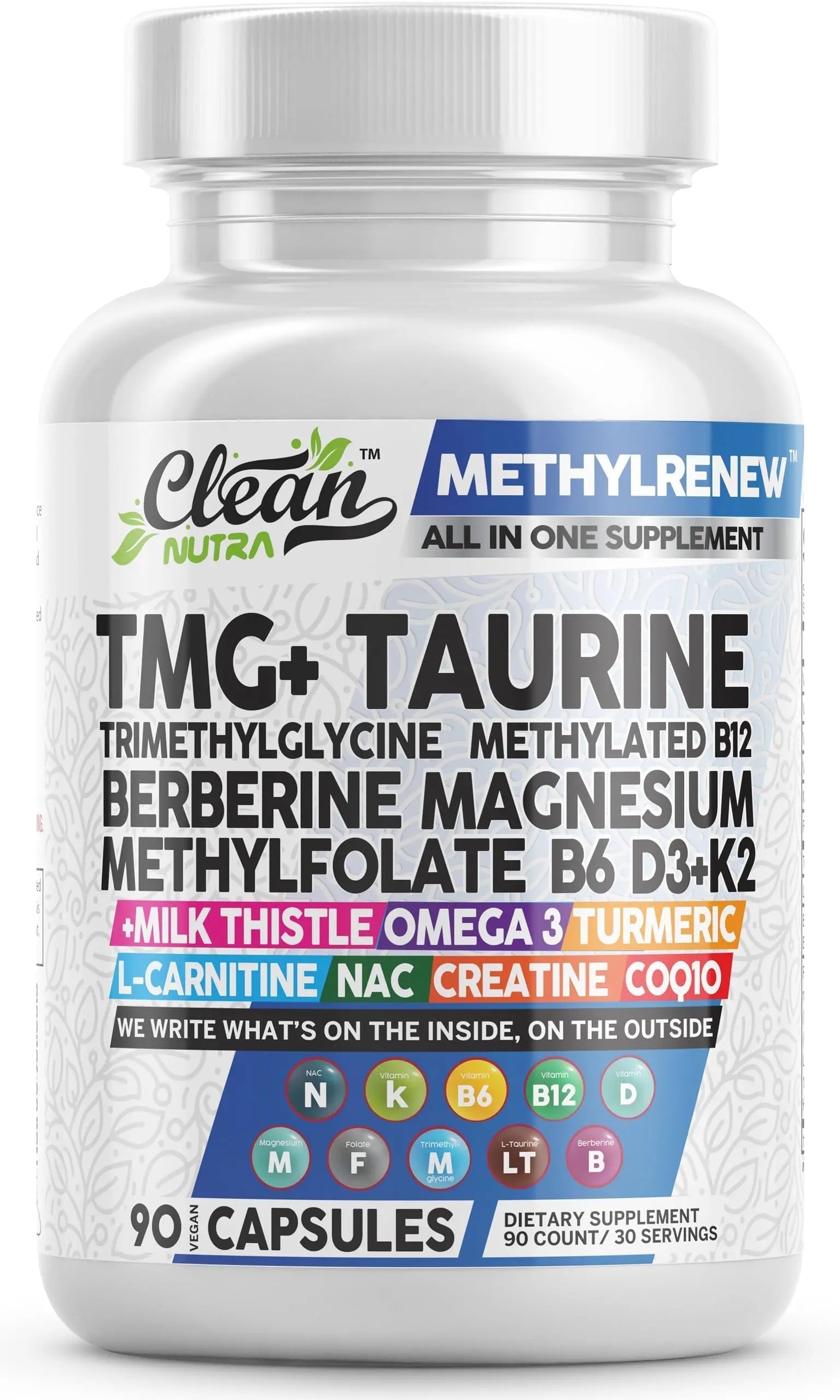 Clean Nutra TMG Supplements 1000mg | Methylated Multivitamin for Women Men | Taurine B6 Vitamins B12 D3 K2 Trimethylglycine Magnesium Clean Nutraceuticals uk supplements