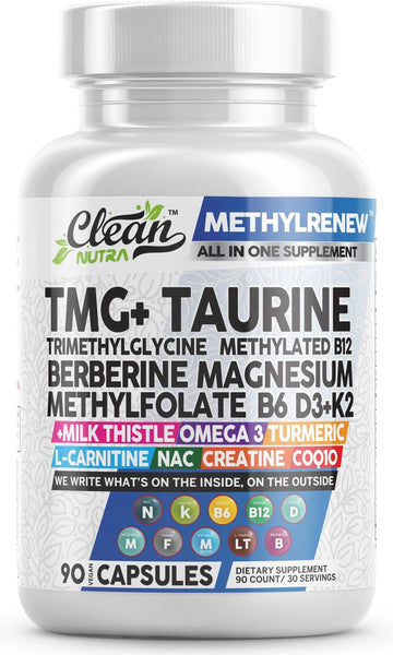 Clean Nutra TMG Supplements 1000mg | Methylated Multivitamin for Women Men | Taurine B6 Vitamins B12 D3 K2 Trimethylglycine Magnesium Clean Nutraceuticals uk supplements