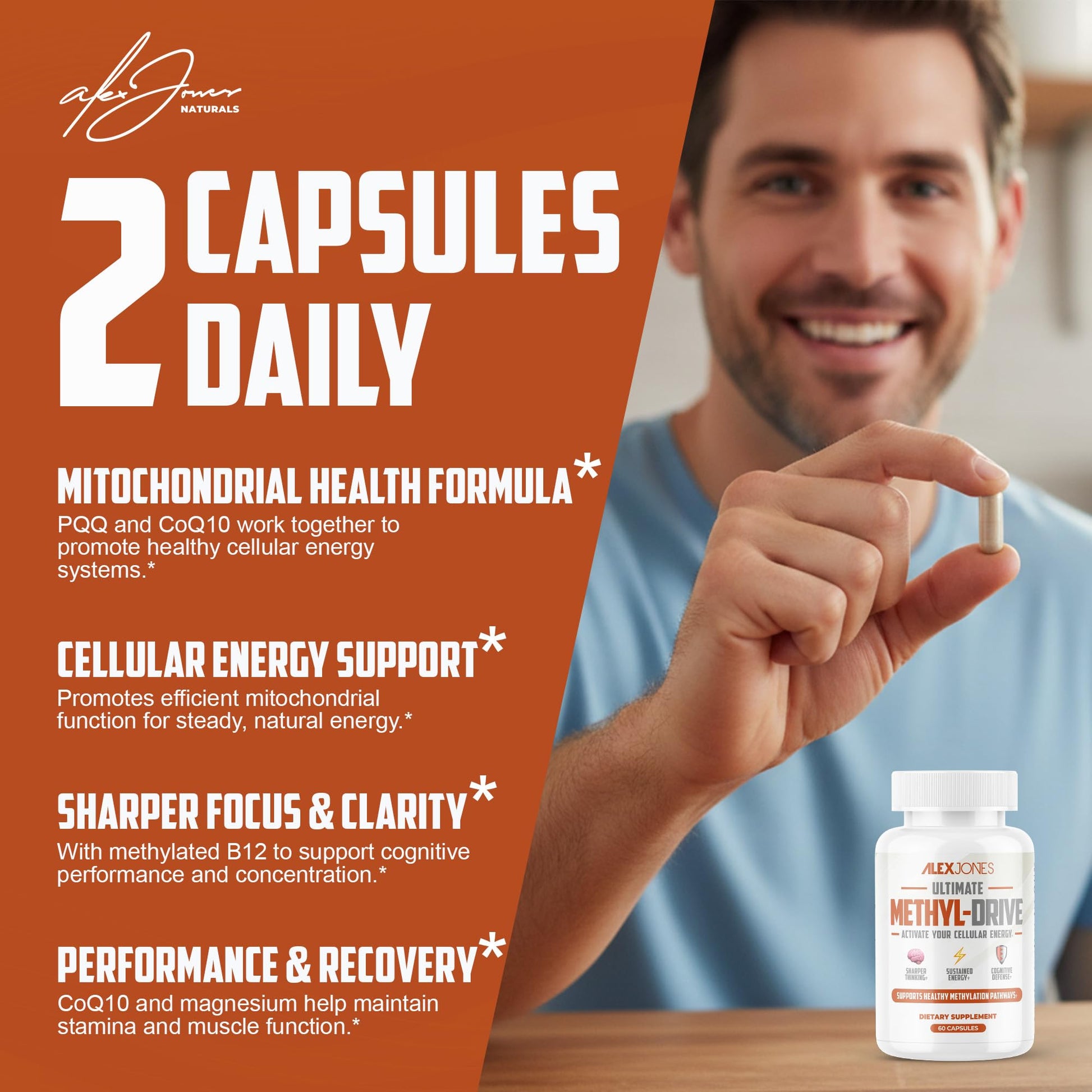 Alex Jones Naturals Methyl Drive Vitamin B Methylated Complex Formula – Mitochondrial Support Supplement w/ CoQ10, PQQ Supplement, Magnesium, B Methylated Complex & BioPerine – 60 Capsules Alex Jones Naturals uk supplements