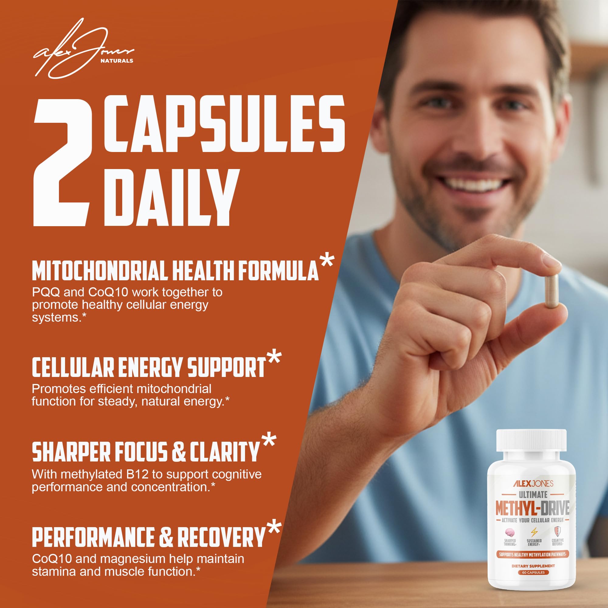 Alex Jones Naturals Methyl Drive Vitamin B Methylated Complex Formula – Mitochondrial Support Supplement w/ CoQ10, PQQ Supplement, Magnesium, B Methylated Complex & BioPerine – 60 Capsules Alex Jones Naturals uk supplements