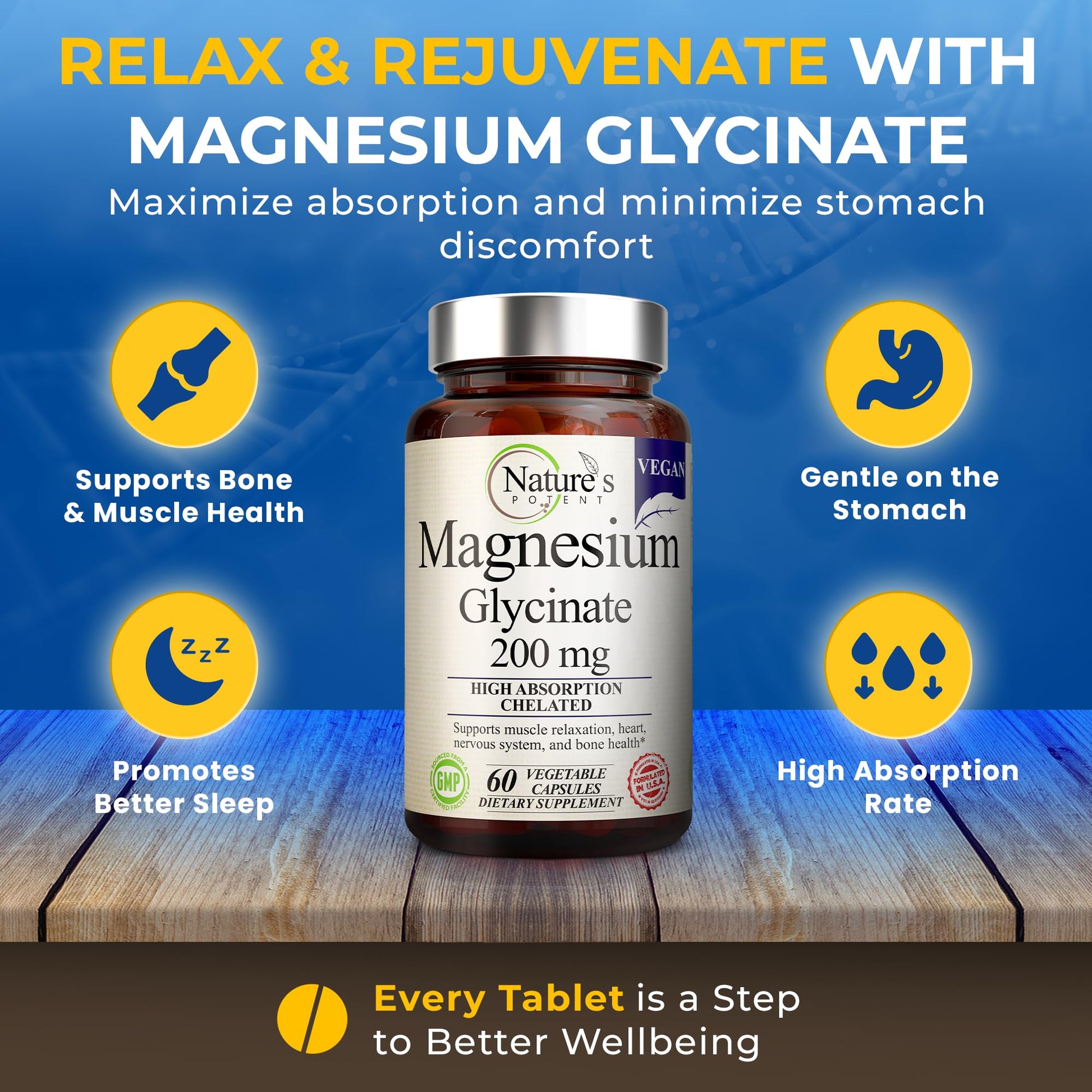 Nature’s Potent Magnesium Glycinate 200mg | High Absorption Chelated Magnesium | Sleep, Calm & Muscle Cramp Support | Vegan Supplement | 60 Capsules Nature's Potent uk supplements