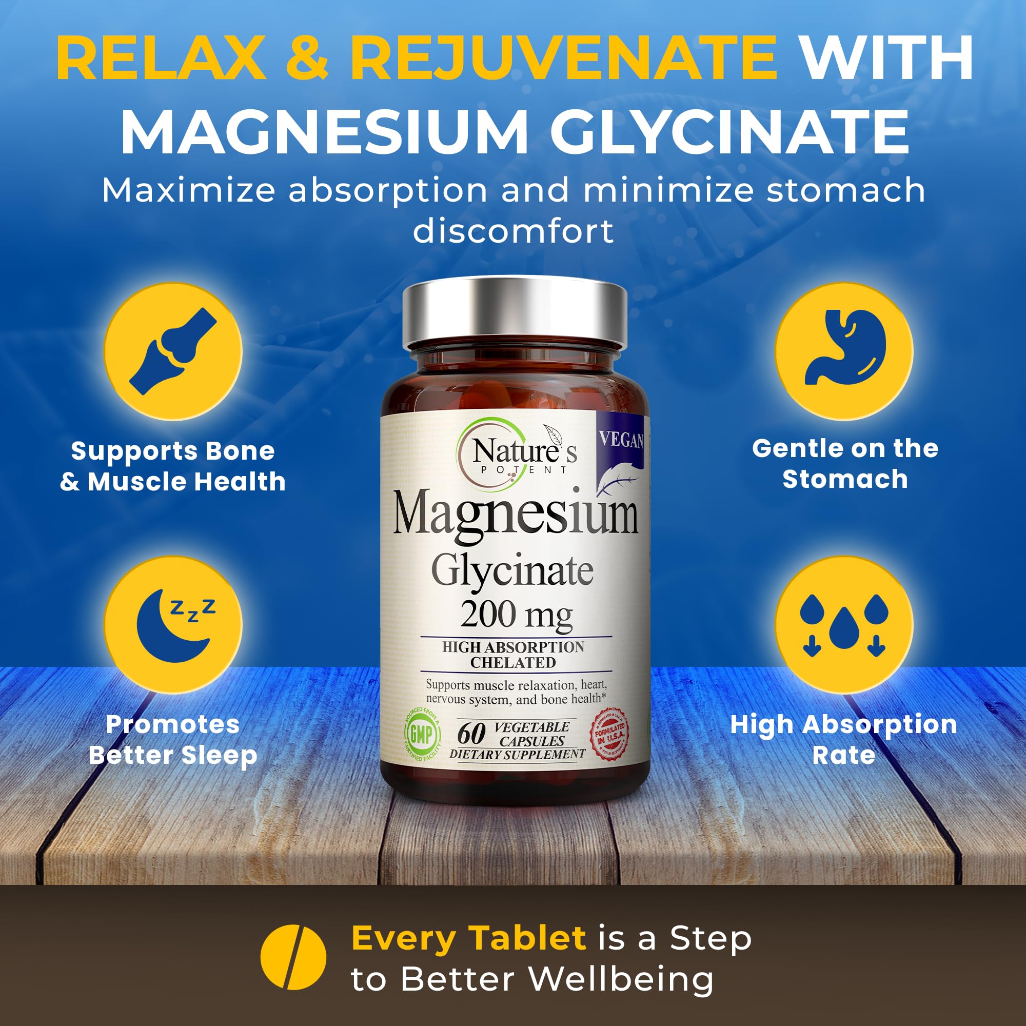 Nature’s Potent Magnesium Glycinate 200mg | High Absorption Chelated Magnesium | Sleep, Calm & Muscle Cramp Support | Vegan Supplement | 60 Capsules Nature's Potent uk supplements