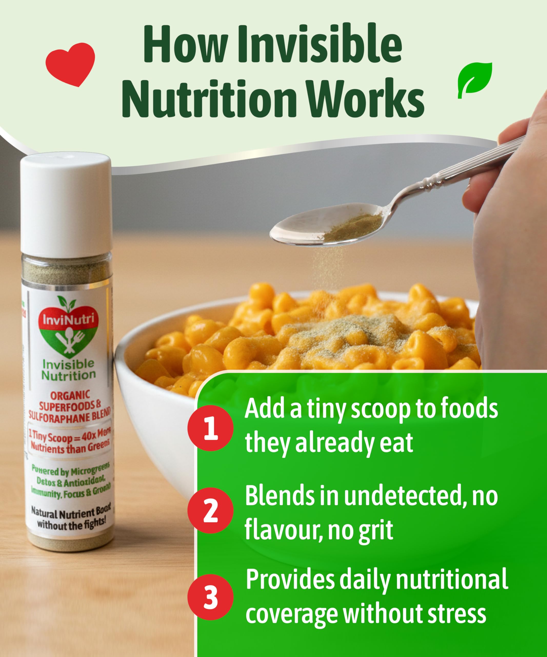 InviNutri Superfood Powder for Sensory & Picky Eaters. A TINY scoop- 40x Nutrient-Rich, 30mg Sulforaphane for Detox. Organic Microgreens, Fruits & Veggies - Blends Invisibly into Most Meals - 24 serv. InviNutri Invisible Nutrition uk supplements