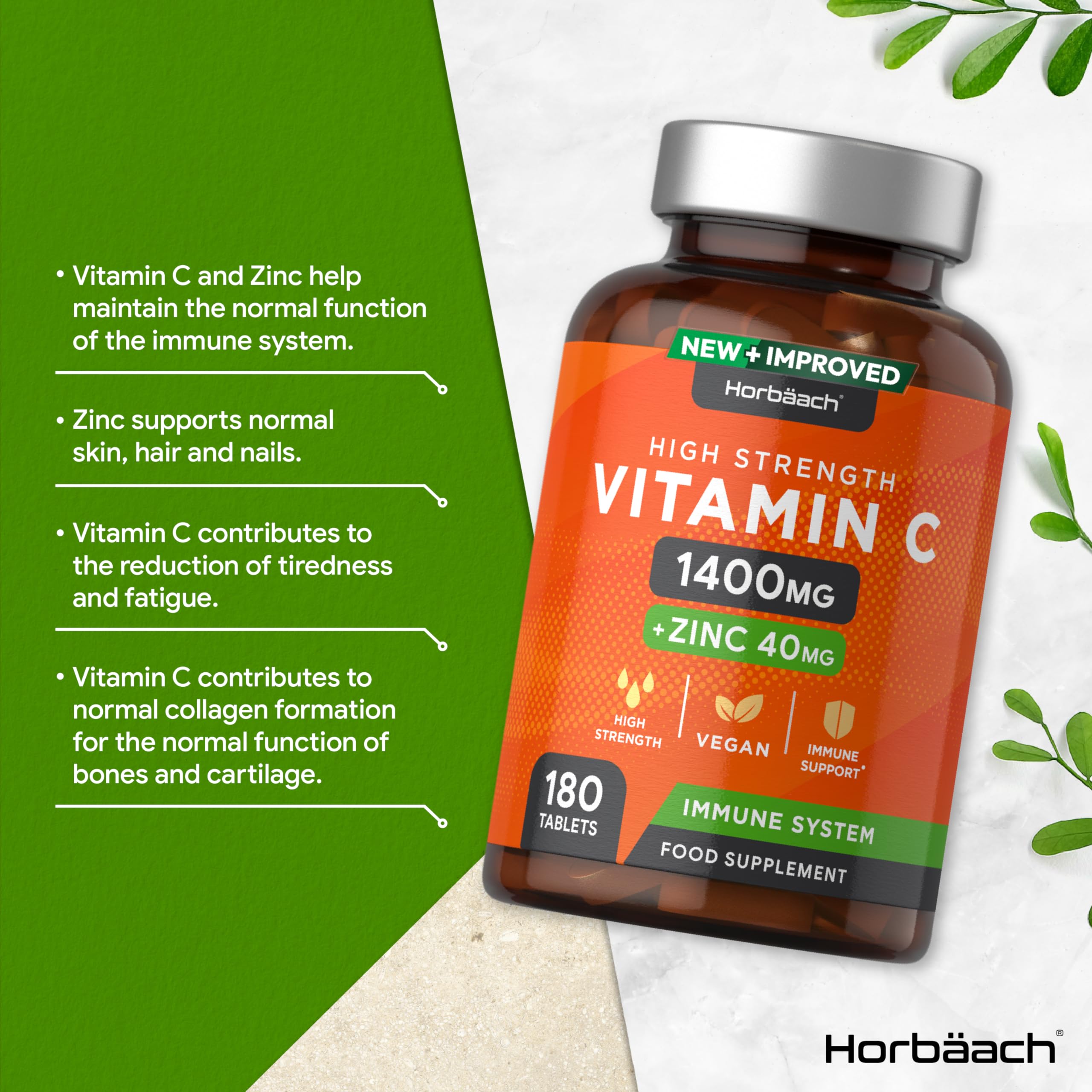 Vitamin C and Zinc | 180 Vegan Tablets | High Strength Vitamin C 1400mg and Zinc 40mg Horbäach uk supplements