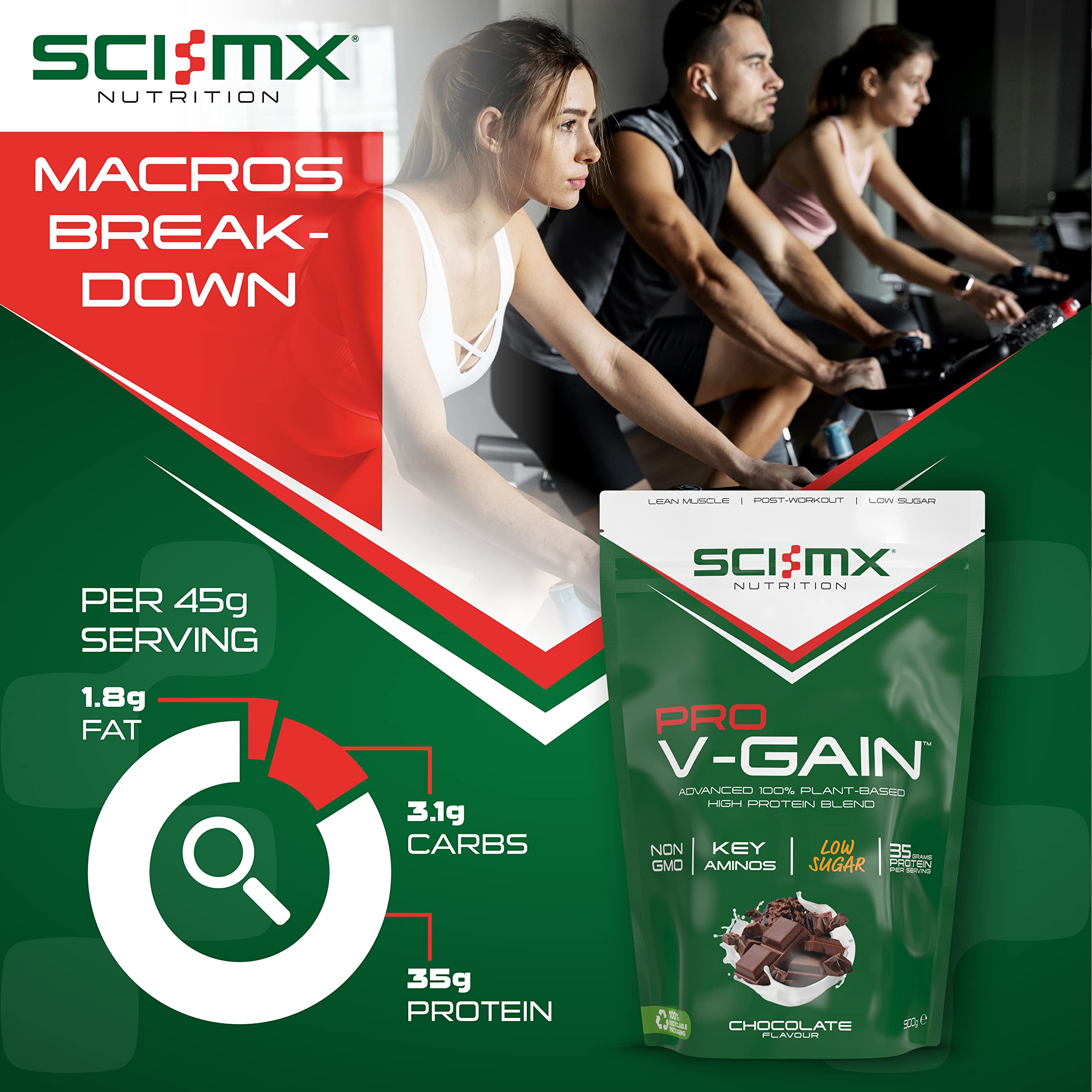 SCI-MX Pro V Gain 100% Plant Based Vegan Protein Formula With No Added Sugar - Chocolate Flavour - 900g - 20 SERVINGS SCI-MX uk supplements