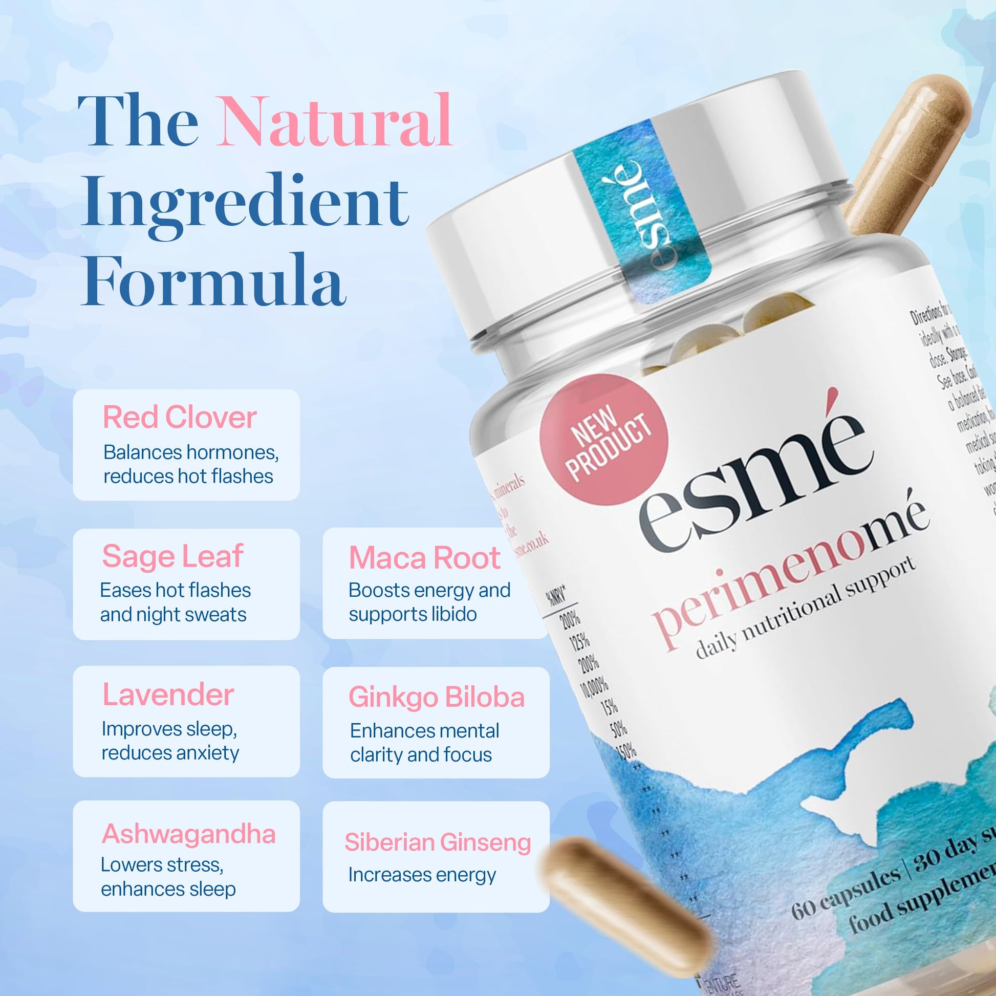 Esme Menopause Supplements Perimenopause Supplements 1 Month Supply - Daily Support for The Early Stage of Menopause – 60 Capsules - Includes Ashwagandha, Vitamins and Red Clover Esme uk supplements