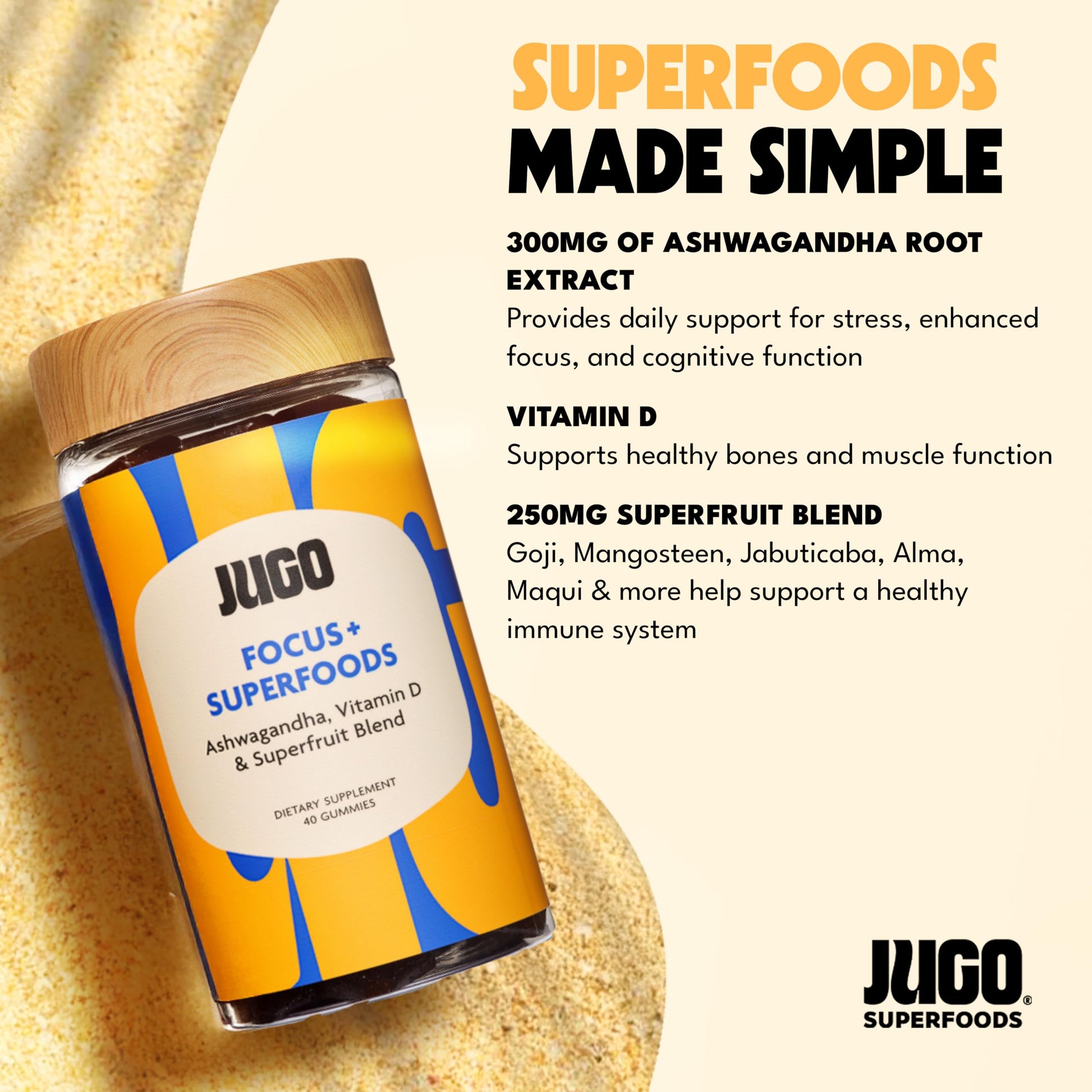 JUGO Focus + SUPERFOODS Ashwagandha Gummies with Vitamin D3 & Superfruit Blend, Vegetarian-Friendly Focus Supplement with Adaptogens, Gelatin-Free and Gluten-Free, Non-GMO, Made in USA, 40 Coun JUGO LLC uk supplements