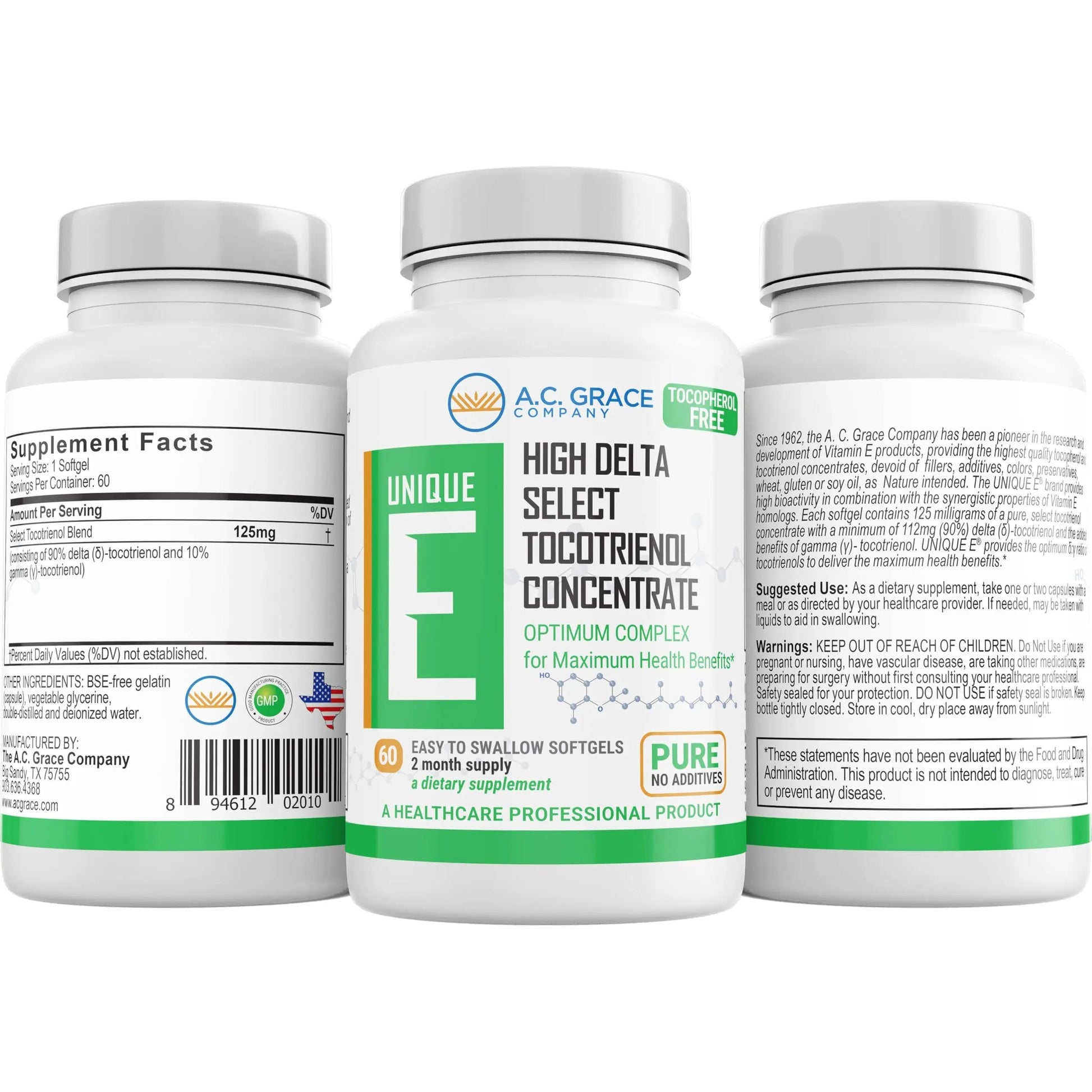 A.C. Grace Company, Unique E Tocotrienols - Tocopherol Free Softgels, 60 Count UNIQUE E uk supplements