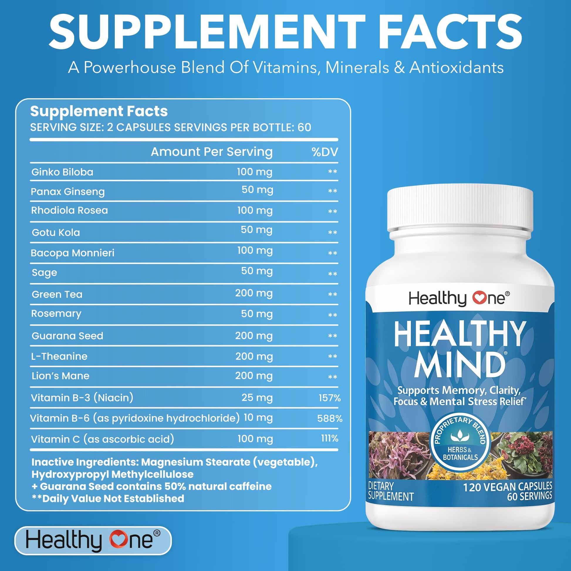 Healthy Mind - Safe for Teens - Brain Fog - Cognitive Function - Concentration - Focus - Neural Optimization - Mood - Ginkgo Biloba - Ginseng - Rhodiola - Bacopa - Gotu Kola - Green Tea - 60 Count Healthy One uk supplements