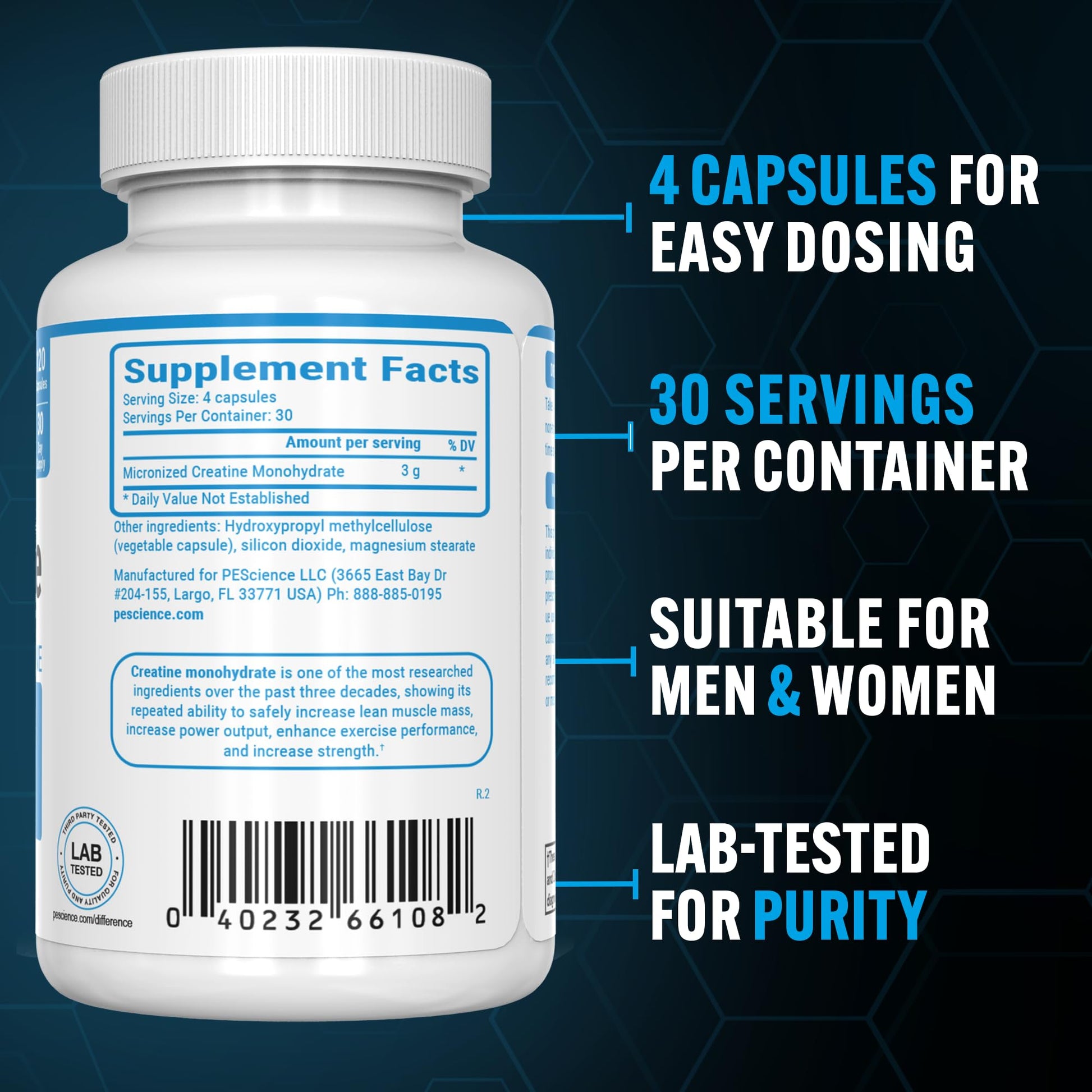 PEScience TruCreatine Creatine Pills, Easy-to-Take Creapure Creatine Capsules, Monohydrate, for Men & Women, Supports Muscle Growth, Strength & Recovery, Cognition, 3g Per Serving, 120 Capsules PEScience uk supplements