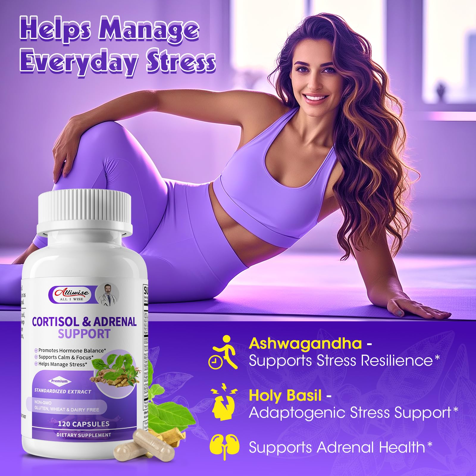 Alliwise Cortisol Supplements for Women & Men - Adrenal Support with Ashwagandha, L-Theanine & Holy Basil for Stress Relief, Mood & Steady Focus - Hormone Balance - 120 Vegan Capsules Alliwise uk supplements