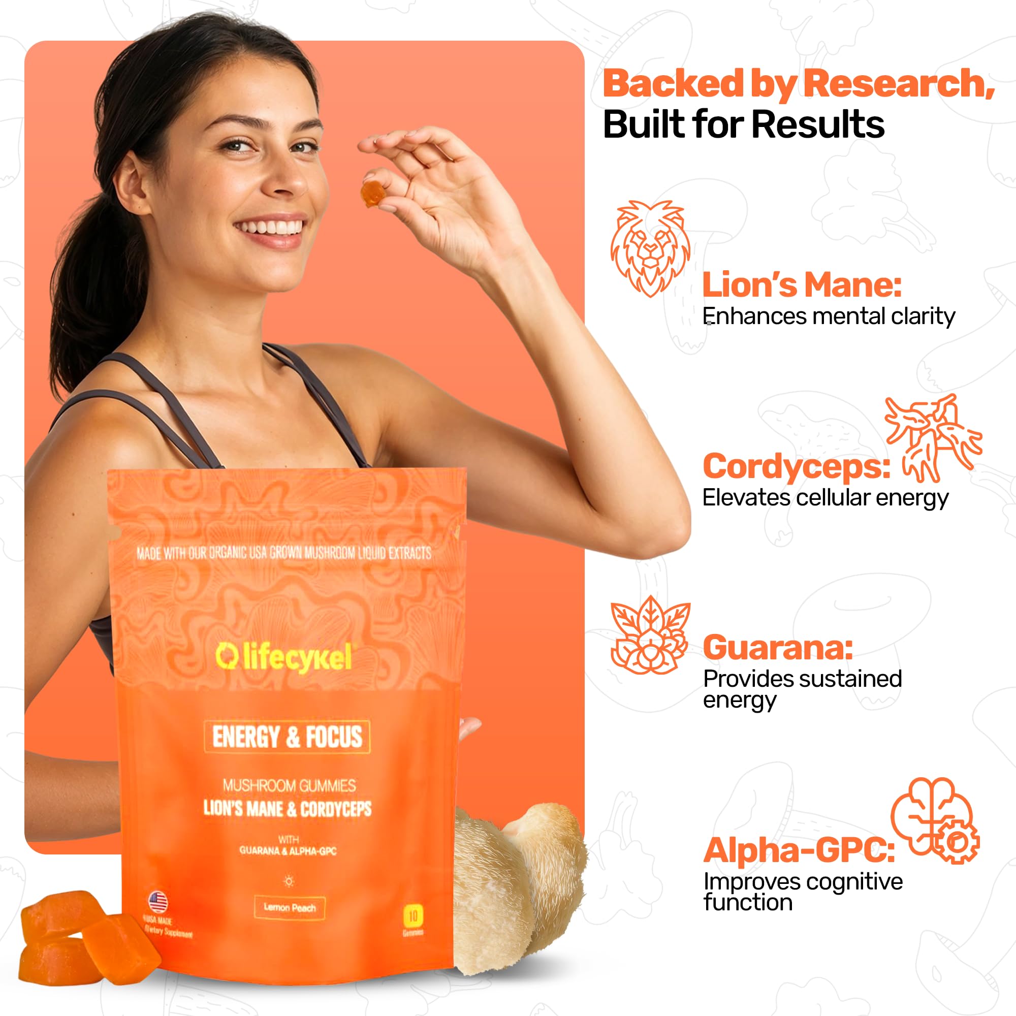 Life Cykel - AM Energy and Focus Mushroom Gummies, 10 Count - Organic Lion's Mane Gummies with Cordyceps, Guarana & Alpha GPC for Mental Clarity, Natural Energy, Endurance & Focus - Lemon Peach Flavor Life Cykel uk supplements