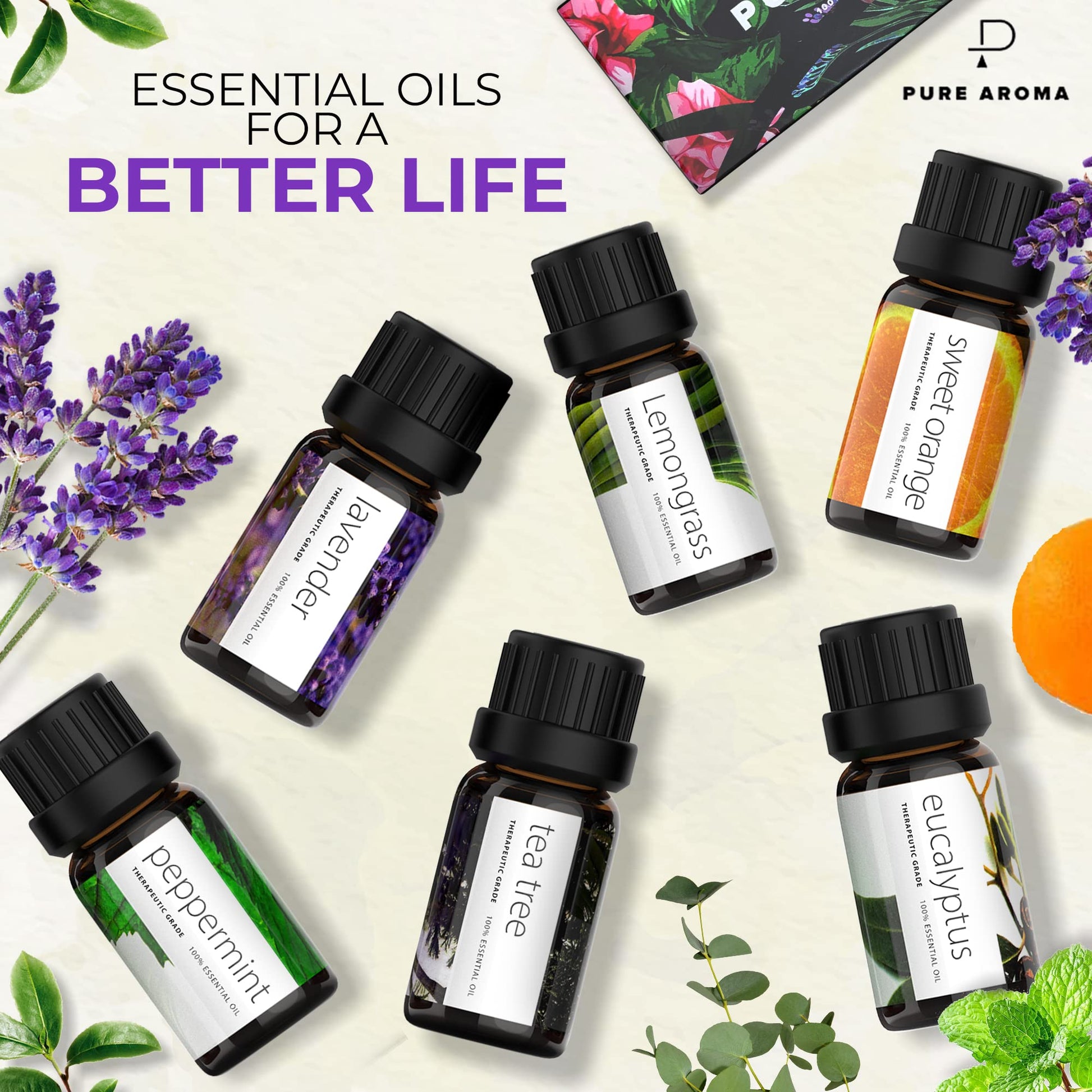 Essential Oils by PURE AROMA 100% Pure Oils kit- Top 6 Aromatherapy Oils Gift Set-6 Pack, 10ML Pure Aroma uk supplements