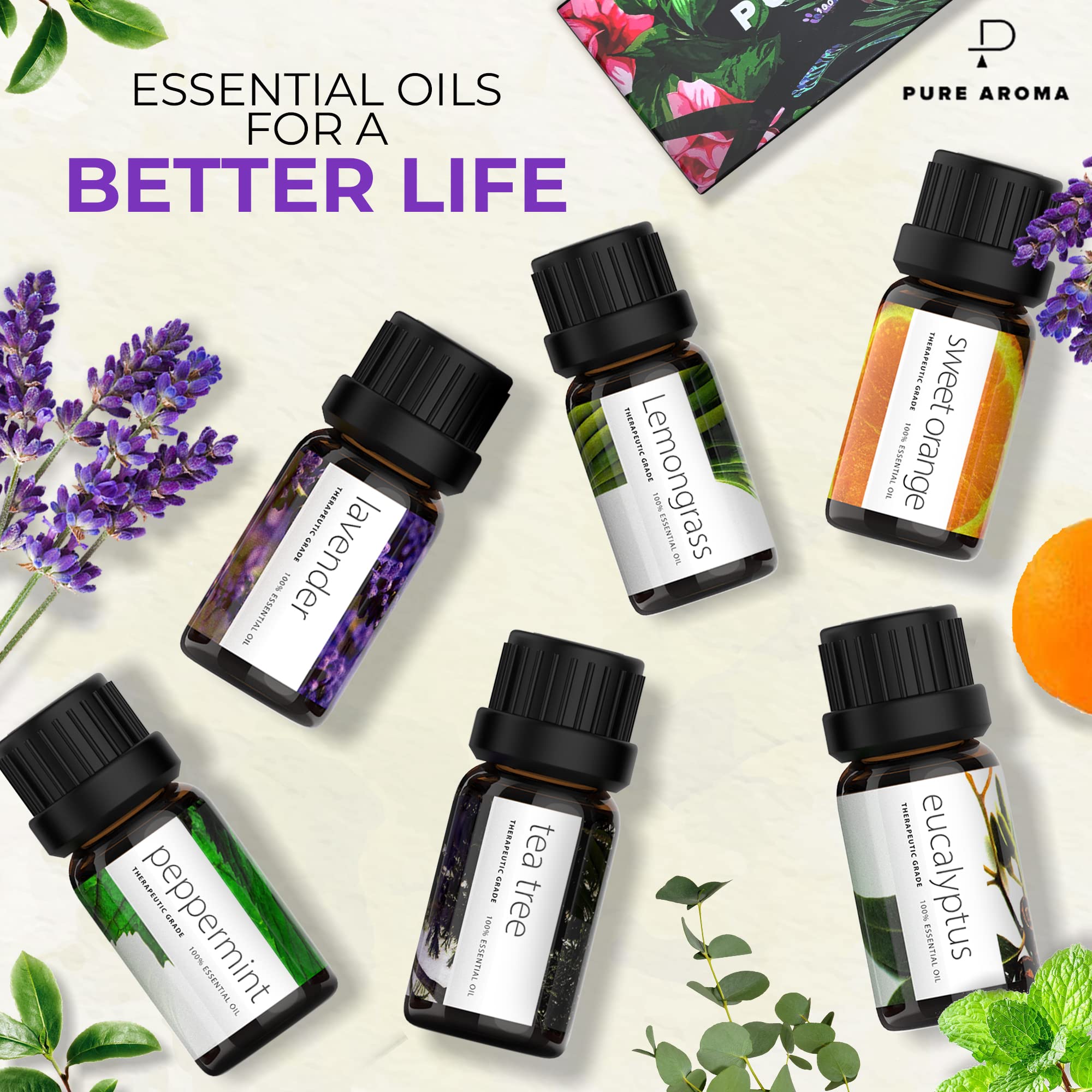 Essential Oils by PURE AROMA 100% Pure Oils kit- Top 6 Aromatherapy Oils Gift Set-6 Pack, 10ML Pure Aroma uk supplements