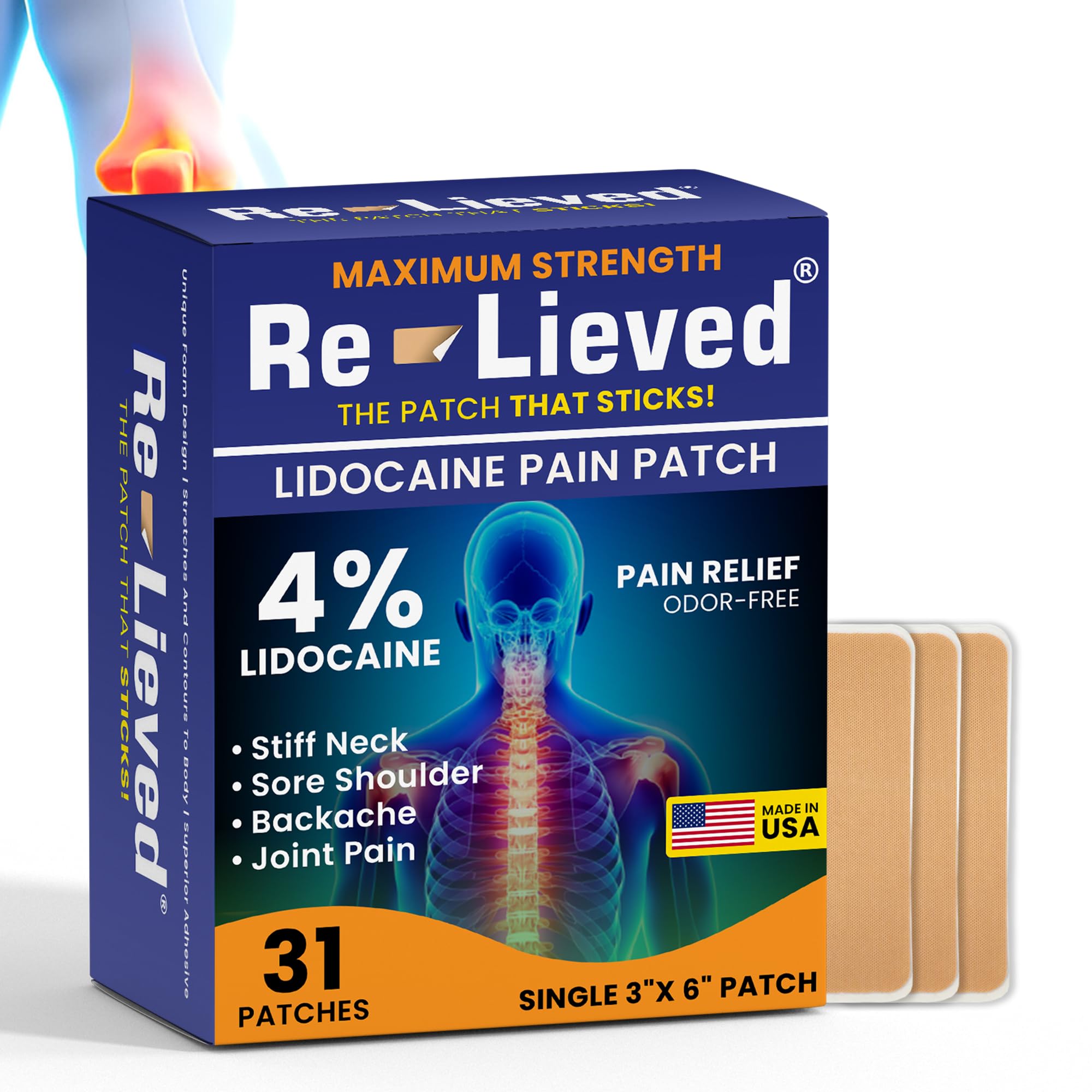 Re-Lieved 4% Lidocaine Patches Maximum Strength - Aluminum-Free, Water Resistant and USA Made -Superior Sticking Pain Relief Patches Quickly Relieves Back, Joints and Muscle Pain-3x6 Inches (31 Count) Re-lieved uk supplements