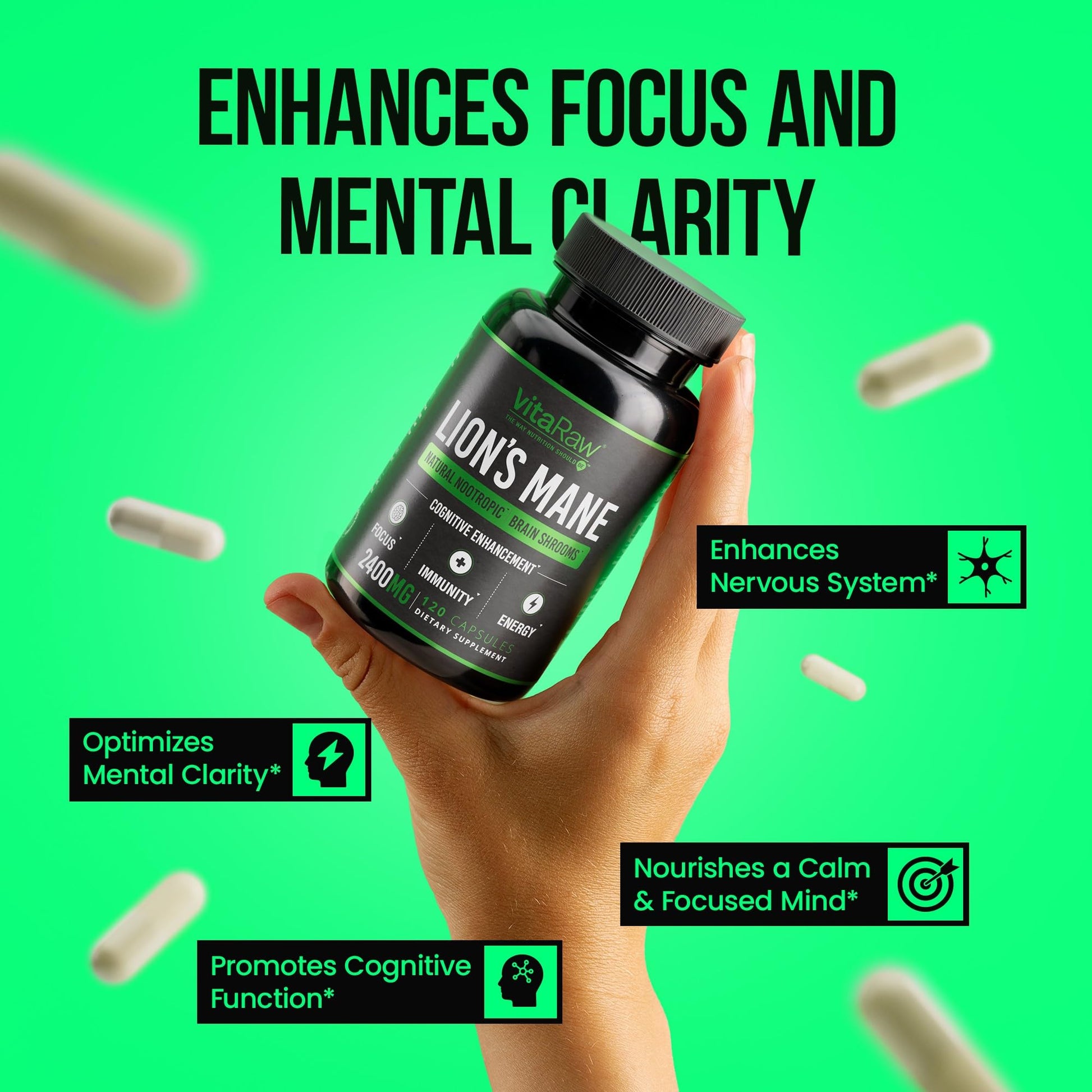 VitaRaw Organic Lions Mane Supplement Capsules 2400 mg - Powerful Nootropic - Helps Maintain Memory, Energy, and Mental Clarity - Vegan Brain Booster Focus Pills - Real Lion's Mane Supplement VitaRaw uk supplements