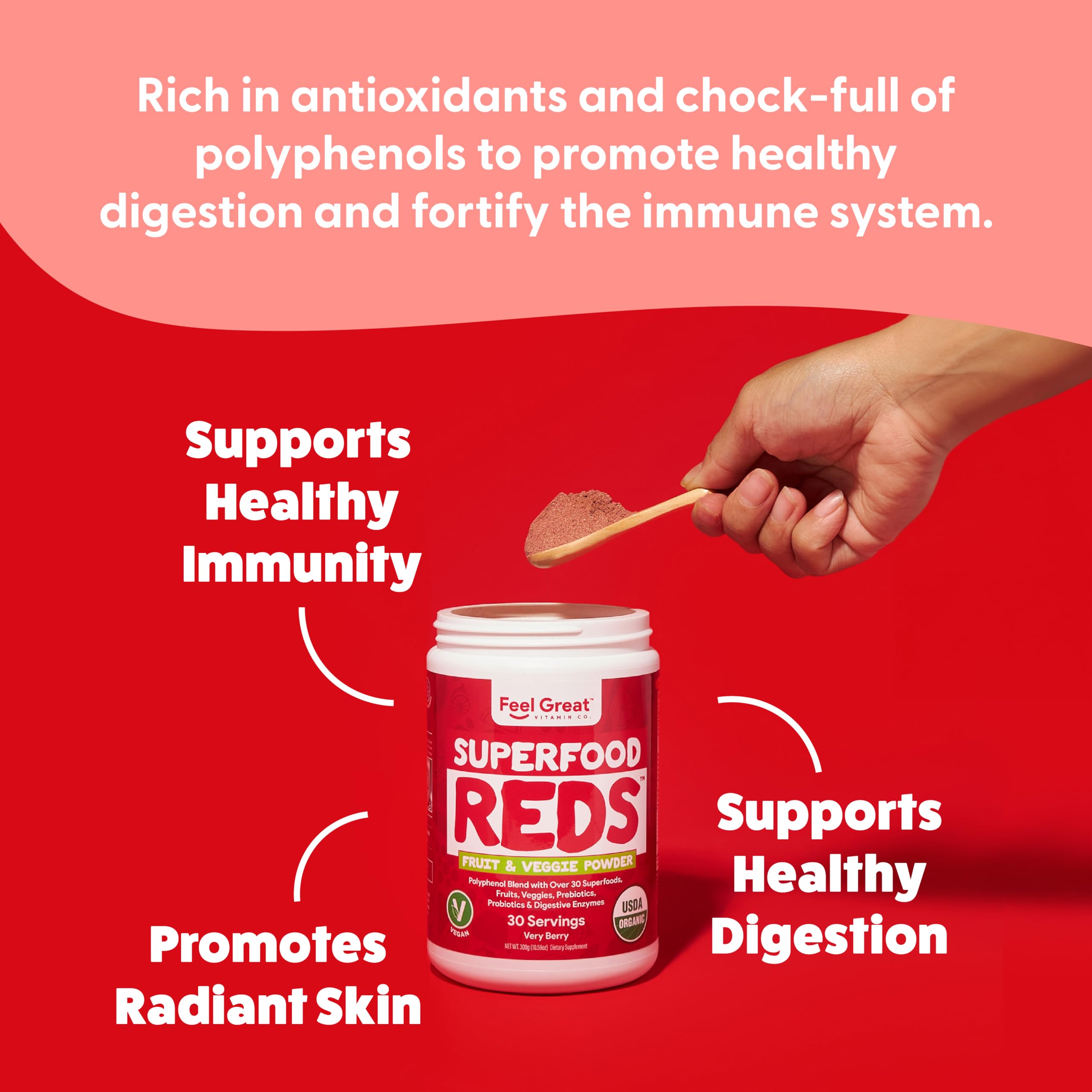Feel Great Organic Superfood Reds Powder Packed with Beet Root Powder | Digestive Support Including Bloating Relief | Fruit and Veggie Polyphenols Supplement. The Feel Great Vitamin Company uk supplements