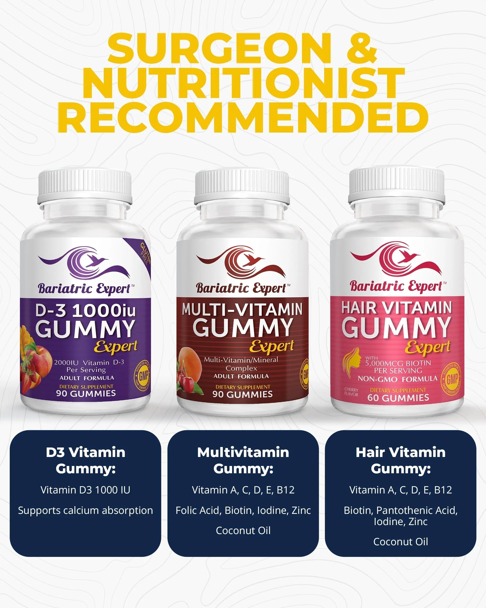 Bariatric Multivitamin 3 Pack, Multivitamin Gummy 90 Chews. - D3 Gummies 90 Chew - Hair Vitamin Gummy 60 Chews. Bariatric Food Expert uk supplements