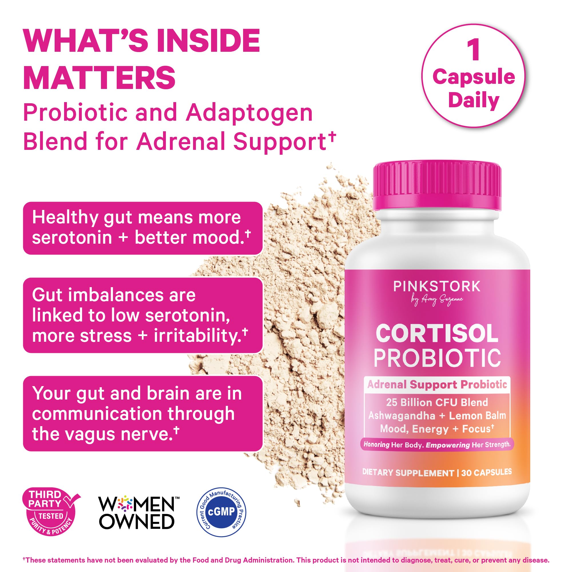 Pink Stork Cortisol Probiotic for Women – Mood and Adrenal Support Supplement – Ashwagandha, Lemon Balm, Chamomile, 25 Billion CFU – Gut Health, Energy, Focus – Lower Cortisol – 30 Capsules Pink Stork uk supplements