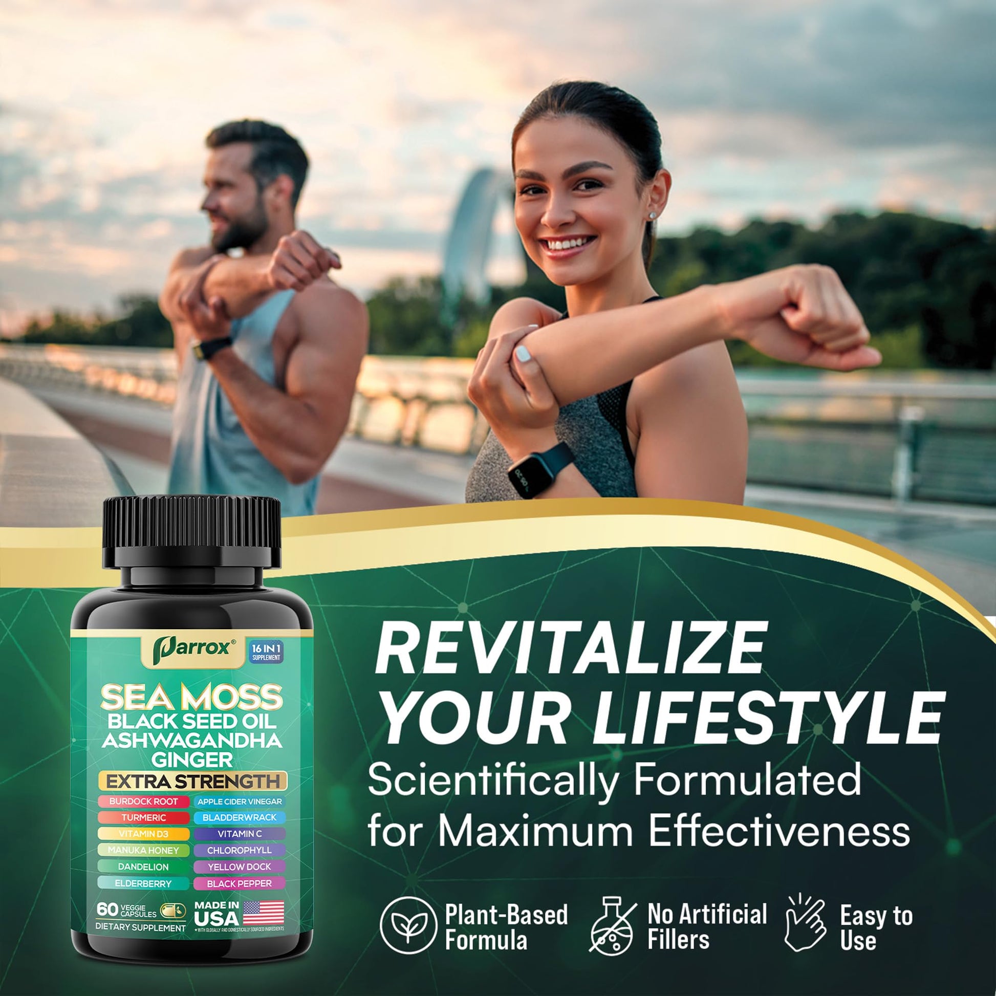 Parrox Sea Moss, Black Seed Oil, Ashwagandha, Turmeric, Chlorophyll, Dandelion, Ginger, Vitamin D3, Black Pepper, Elderberry, ACV, Yellow Dock, Burdock Root, Manuka, Vitamin C, Bladderwrack (60 Caps) Parrox uk supplements