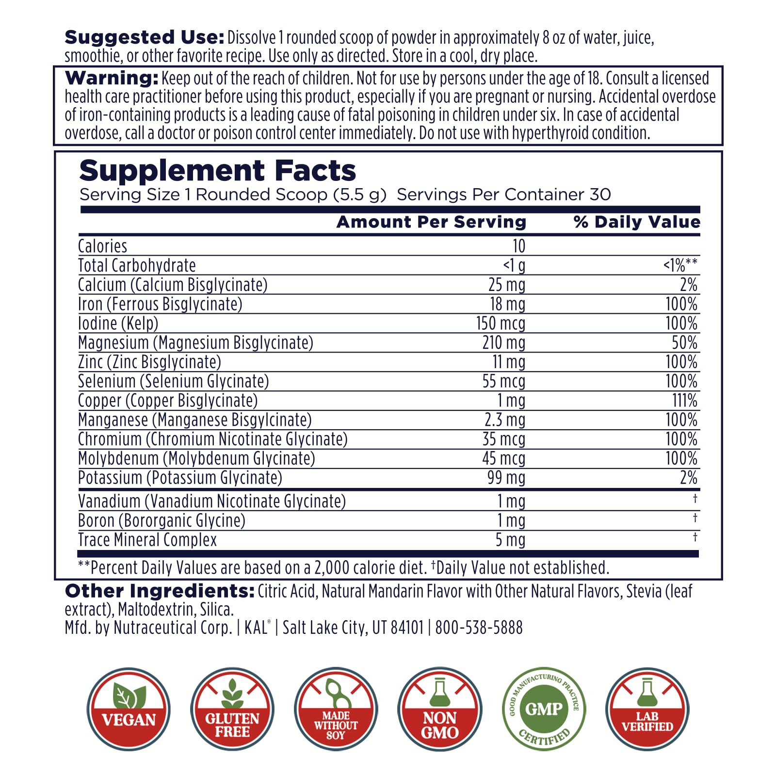 KAL Total Mineral+ Powder - Total Complex - Magnesium Glycinate, Zinc, Calcium and More - Bone Health & Whole Body Support Supplement - Vegan, Non-GMO, Gluten-Free 60-Day Guarantee - 30 Servings KAL uk supplements
