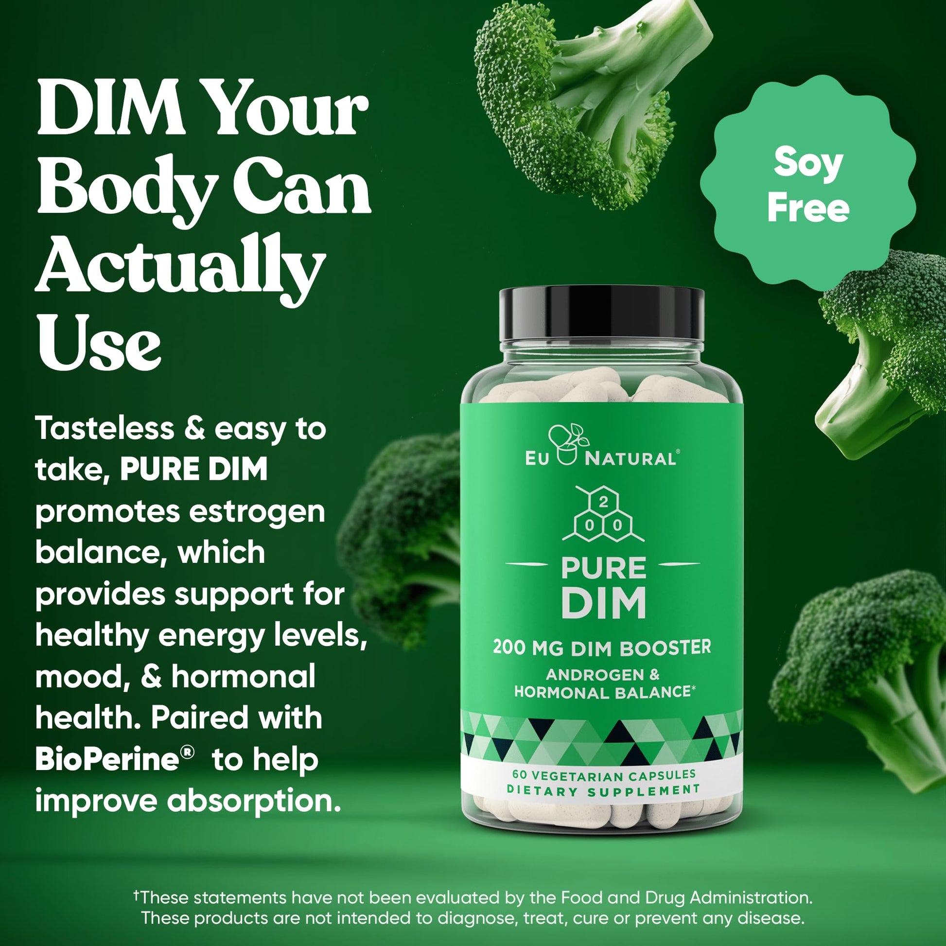 DIM Supplement Pure 200 Mg for Women or Men – Estrogen Hormone Balance Supplement for Energy, Fatigue, Stress, Menopause, Hot Flashes – Enhanced Bioavailability BioPerine – 60 Vegan Soft Capsules Eu Natural uk supplements