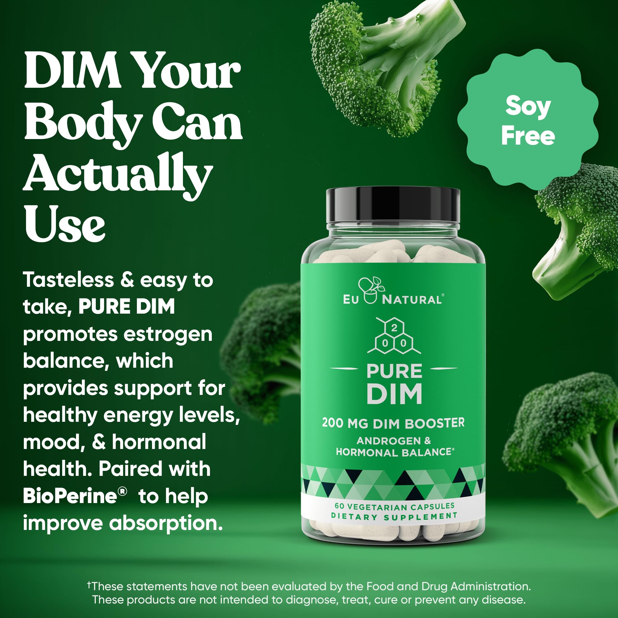 DIM Supplement Pure 200 Mg for Women or Men – Estrogen Hormone Balance Supplement for Energy, Fatigue, Stress, Menopause, Hot Flashes – Enhanced Bioavailability BioPerine – 60 Vegan Soft Capsules Eu Natural uk supplements