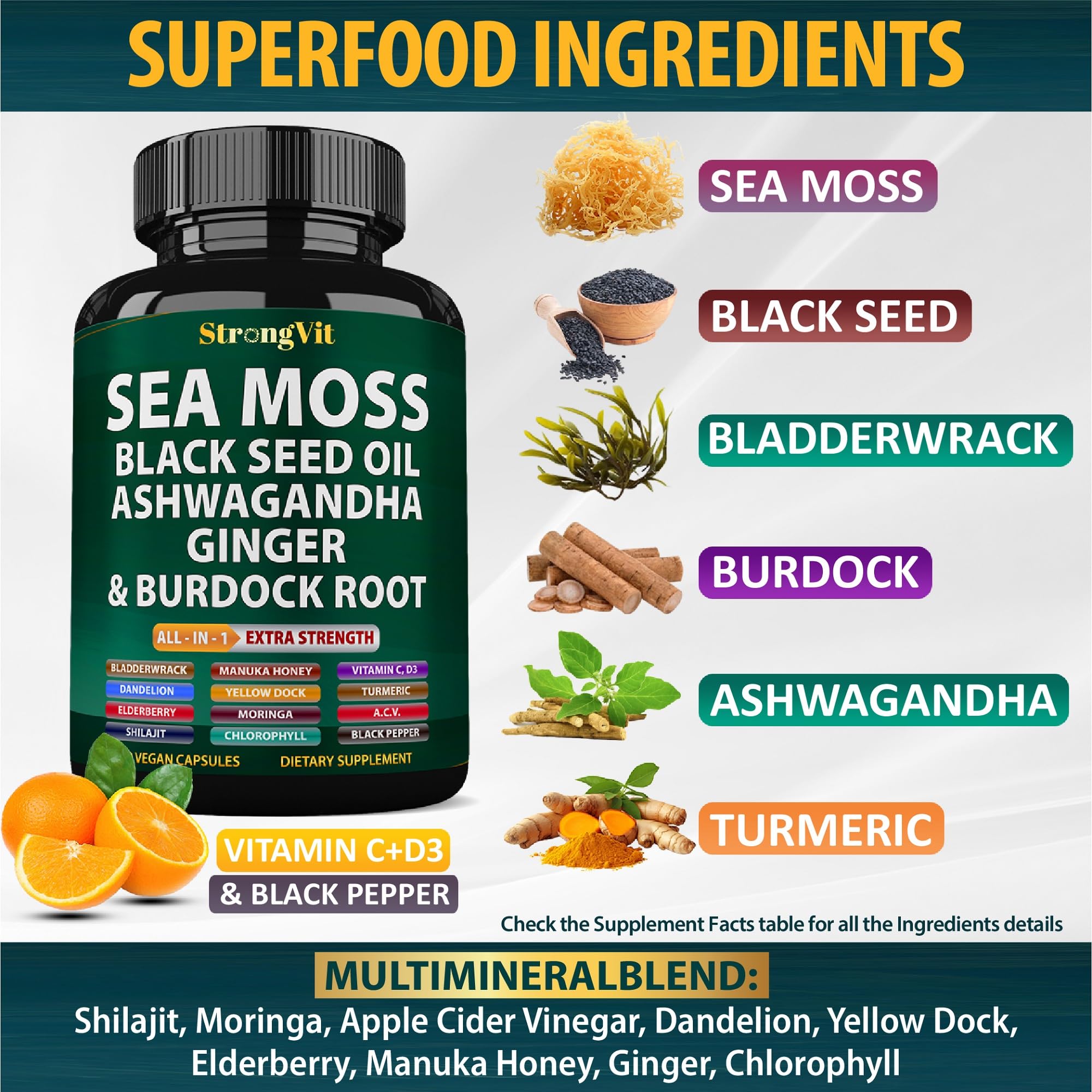 StrongVit Sea Moss Black Seed Oil Ashwagandha Ginger, Organic Sea Moss Capsules with Burdock Root, Irish Seamoss Pills with Bladderwrack, Advanced Multimineral Supplement, USA StrongVit uk supplements