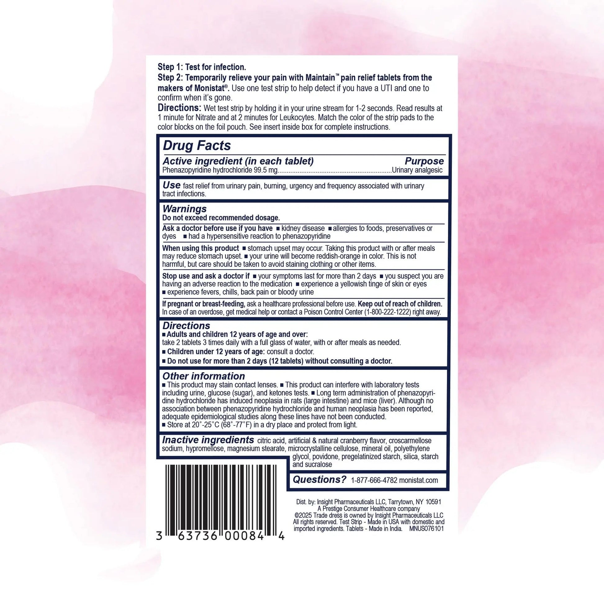 Monistat Maintain UTI 2-in-1 Test & Pain Relief Kit, 2 Test Strips & 12 Urinary Pain Relief Tablets, 2 Minute Results and Maximum Strength Pain, Burning and Urgency Relief Monistat uk supplements