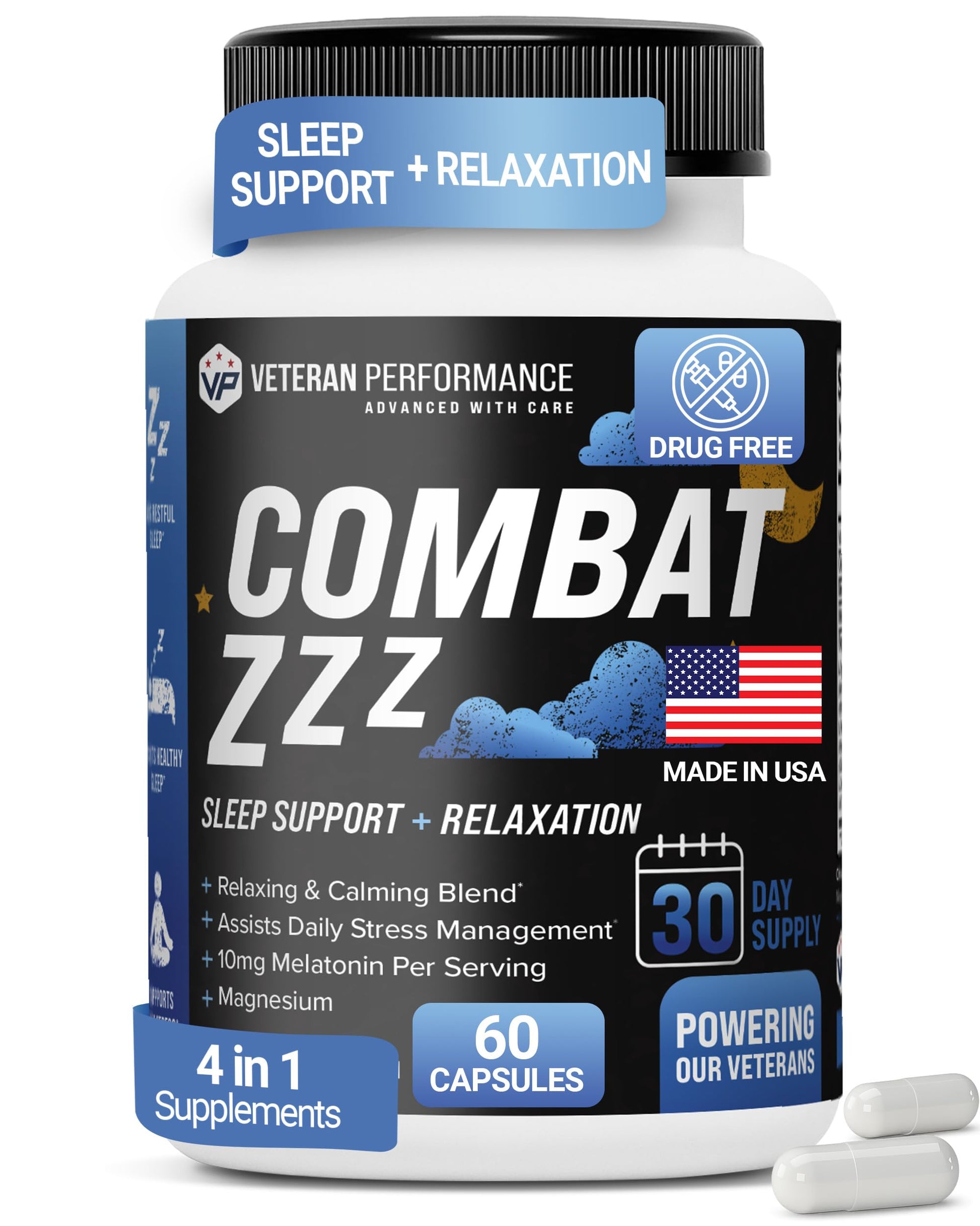 Combat ZZZ 4-in-1 Sleep Aid with Melatonin, Magnesium & L-Theanine – Non-Groggy Formula for Deep Sleep & Restful Recovery – Veteran-Founded, Made in USA (60 Capsules) | Sleep Aid for Adults Veteran Performance uk supplements