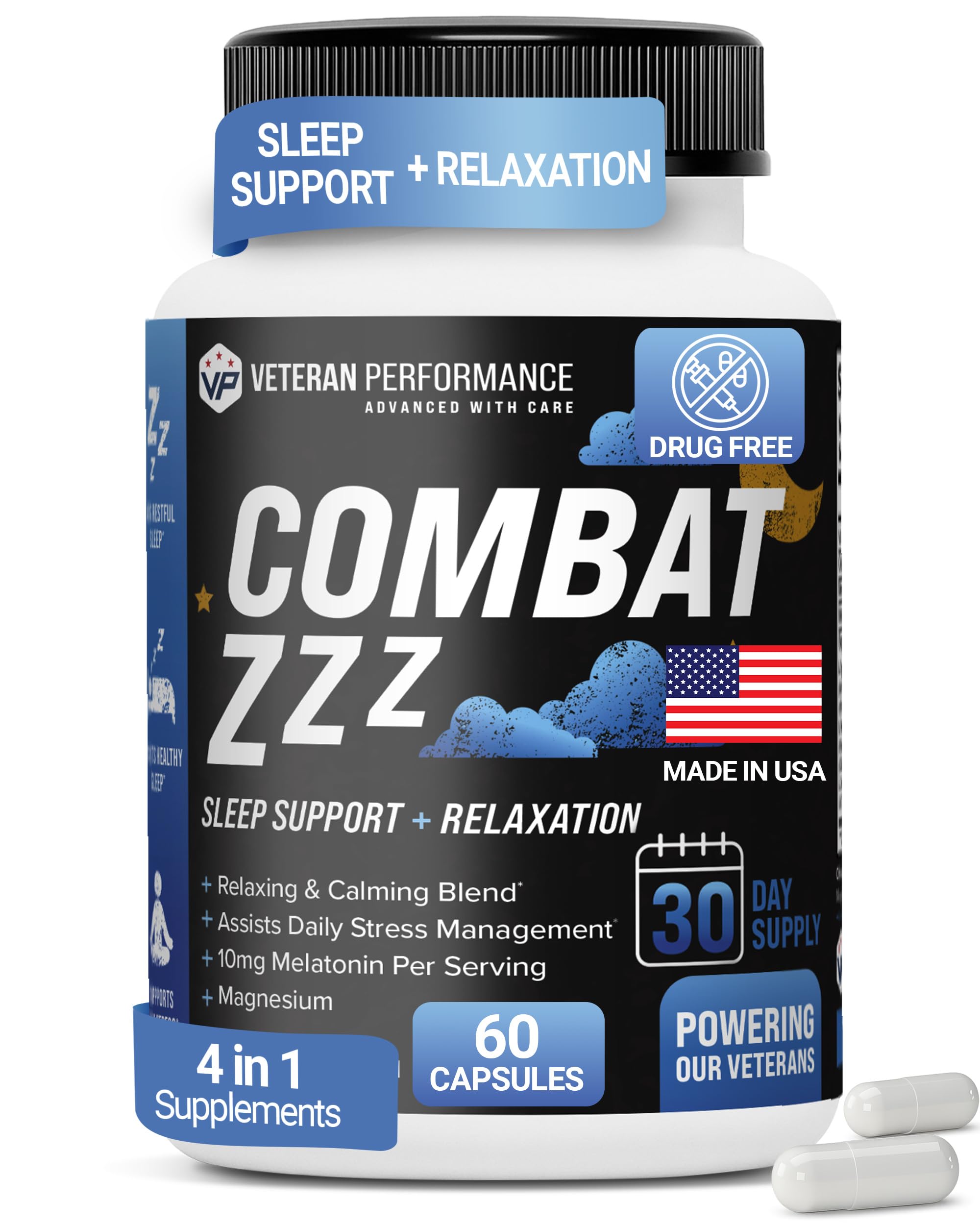 Combat ZZZ 4-in-1 Sleep Aid with Melatonin, Magnesium & L-Theanine – Non-Groggy Formula for Deep Sleep & Restful Recovery – Veteran-Founded, Made in USA (60 Capsules) | Sleep Aid for Adults Veteran Performance uk supplements