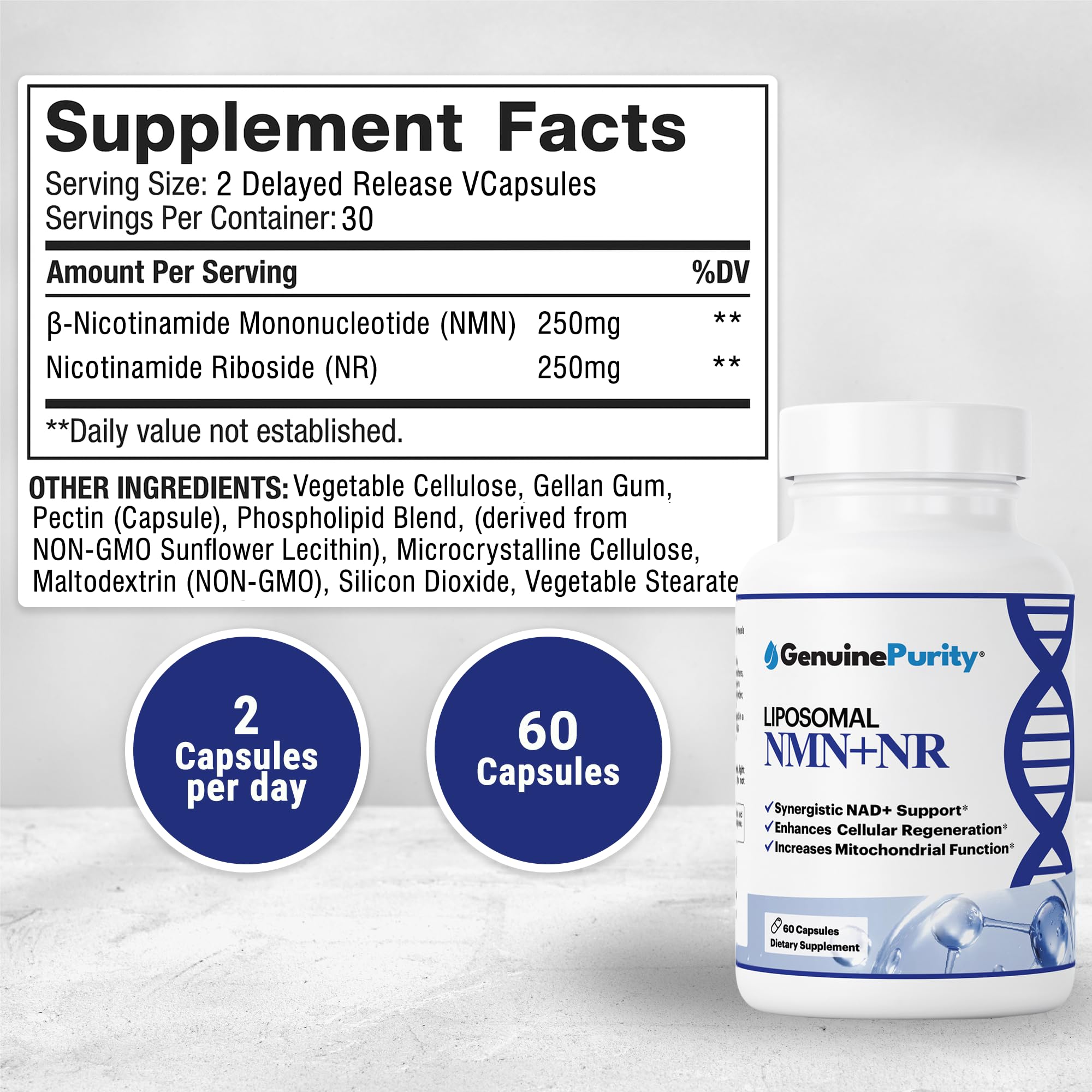 GenuinePurity - Liposomal NMN + NR Supplement - 60 Vegan Capsules to Support Cellular Health, Energy & NAD+ Levels - USA Made, Non-GMO, Gluten Free GenuinePurity uk supplements