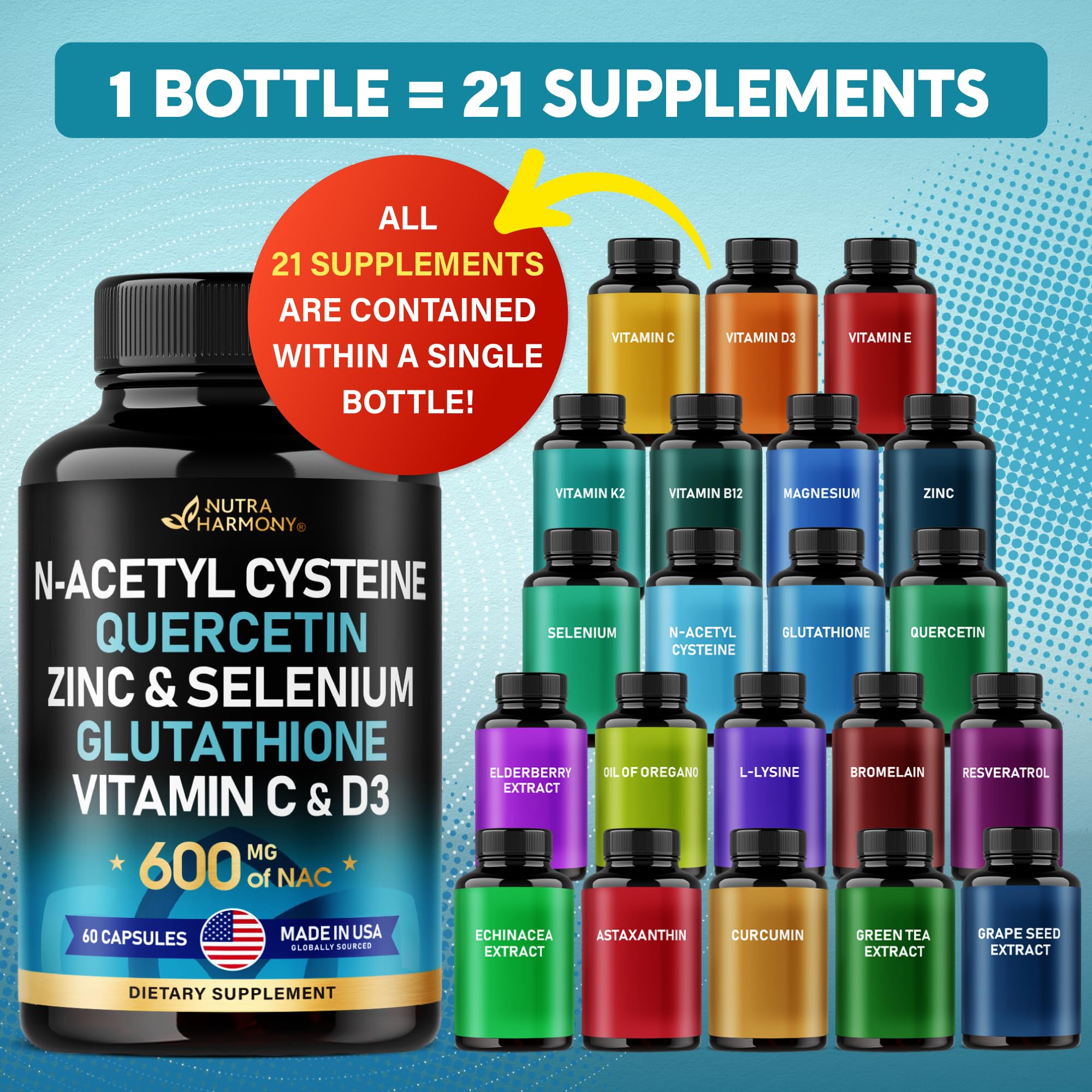 NAC 600 mg Supplement | Quercetin | Zinc | Glutathione | Selenium | Vitamin C & D3 NUTRAHARMONY uk supplements