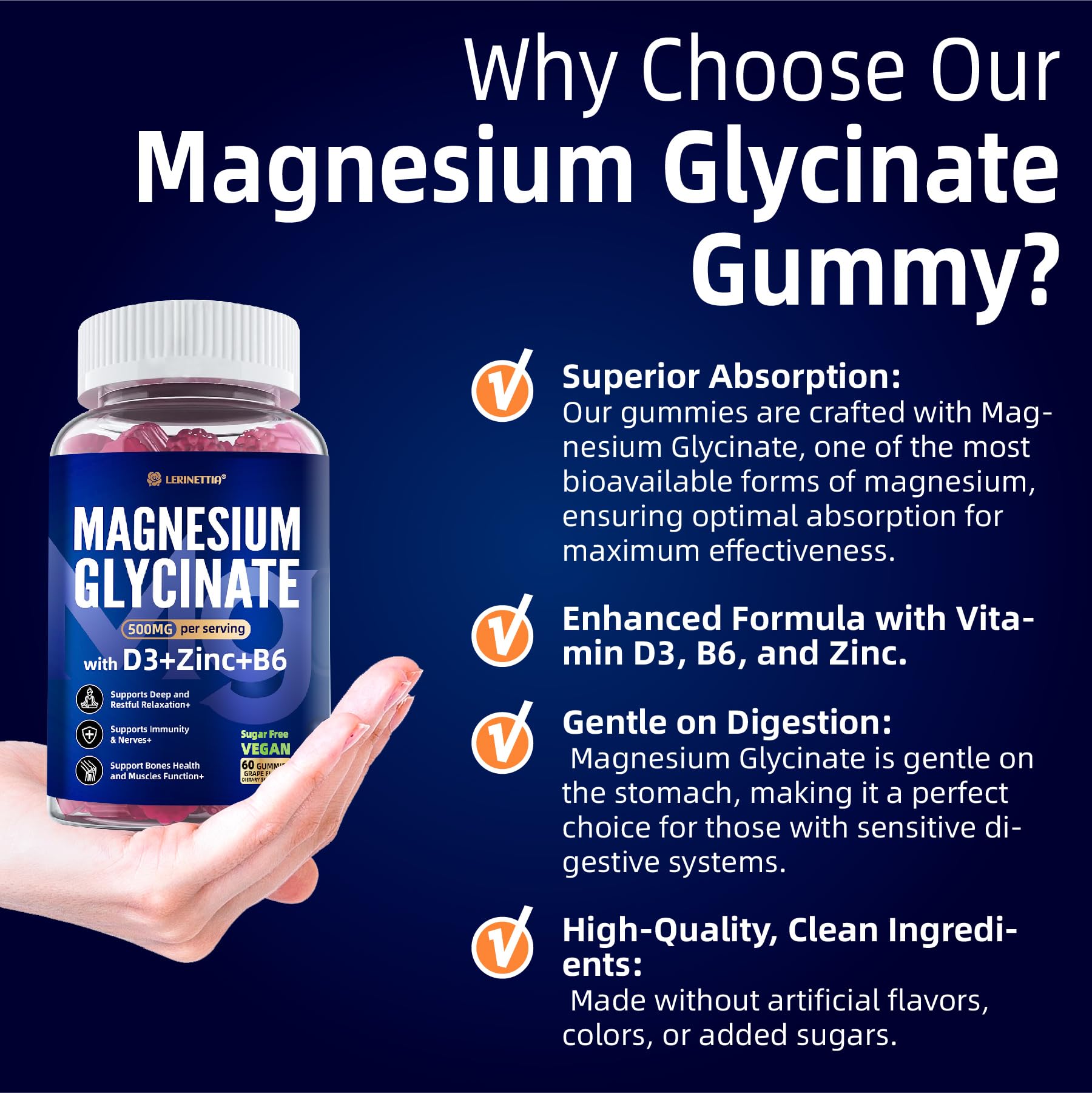 Magnesium Glycinate 500mg/250mg for Adults Teens - Plus D3,B6 & Zinc - Magnesium Glycinate Gummies,High Absorption - Support for Relaxation,Brain,Bone & Immunity Health - Sugar Free - 120Cts Lerinettia uk supplements