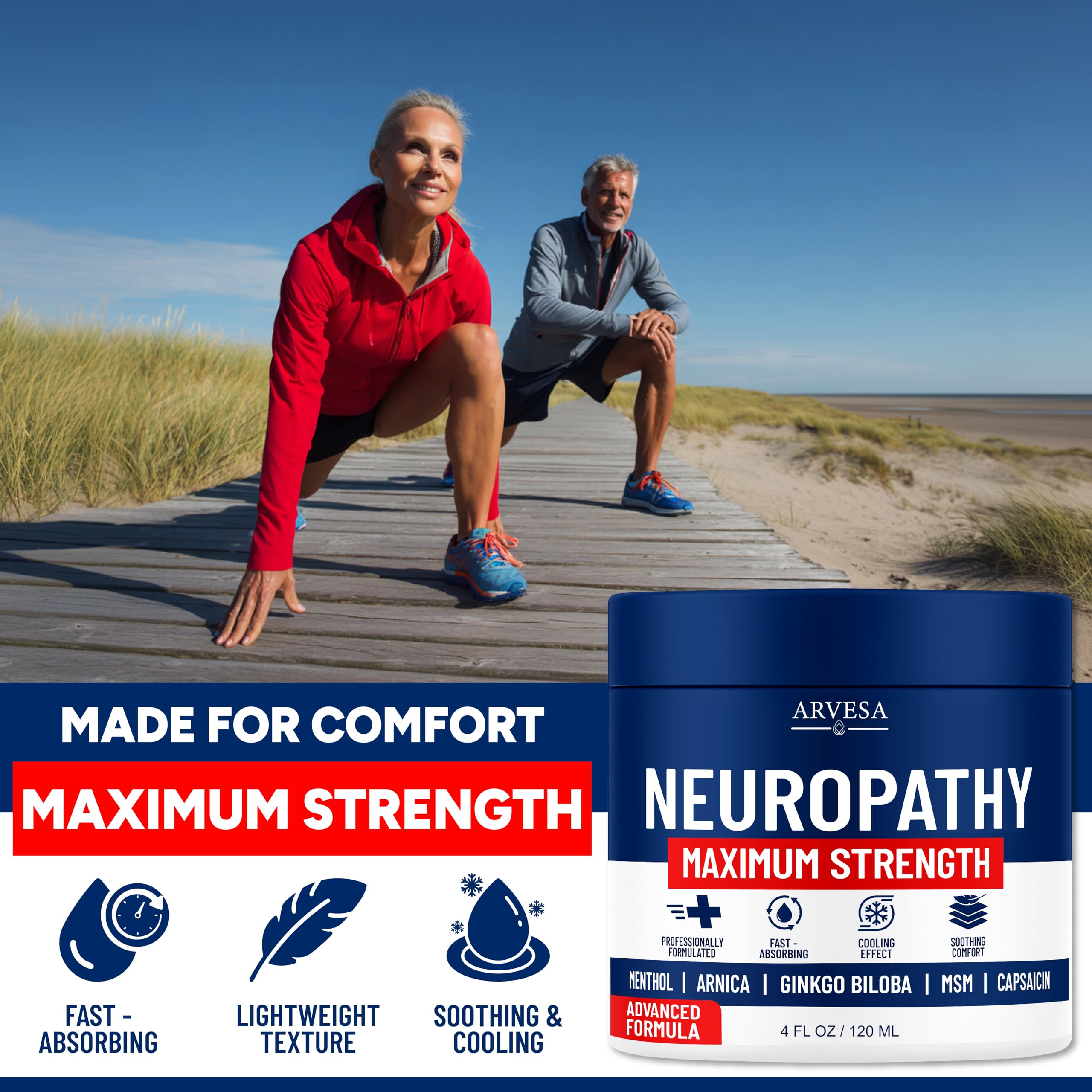 Neuropathy Cream - Maximum Strength - Arnica, MSM, Hemp Seed Oil, Ginkgo Biloba, Capsaicin - Non-Greasy with Cooling Effect - Value Pack - Natural Ingredients - Formulated in USA Arvesa uk supplements