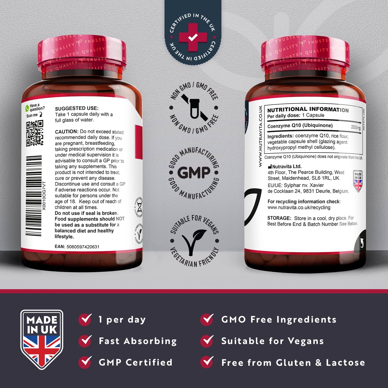CoQ10 200mg - 120 Vegan Capsules of High Strength Co Enzyme Q10 (4 Months Supply) Nutravita uk supplements