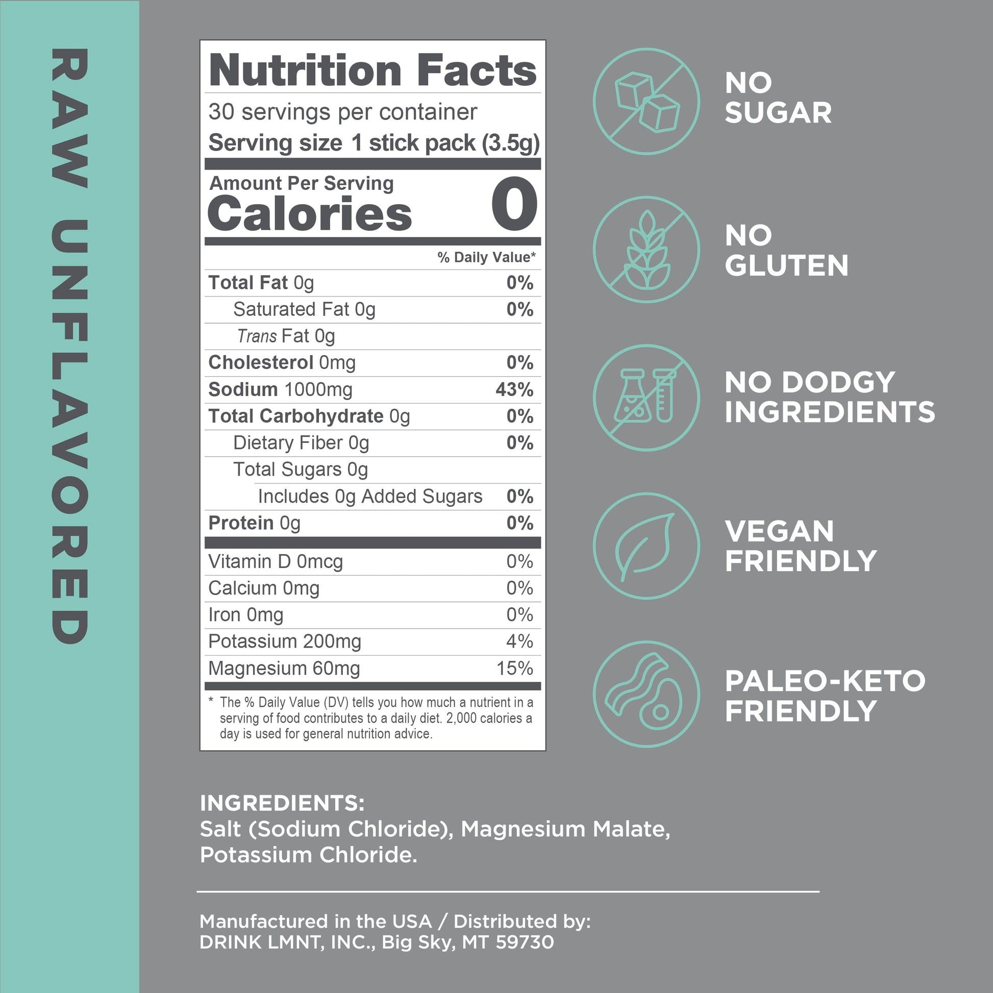 LMNT Zero-Sugar Electrolytes - Raw Unflavored Salt - Hydration Powder Packets Drink LMNT uk supplements