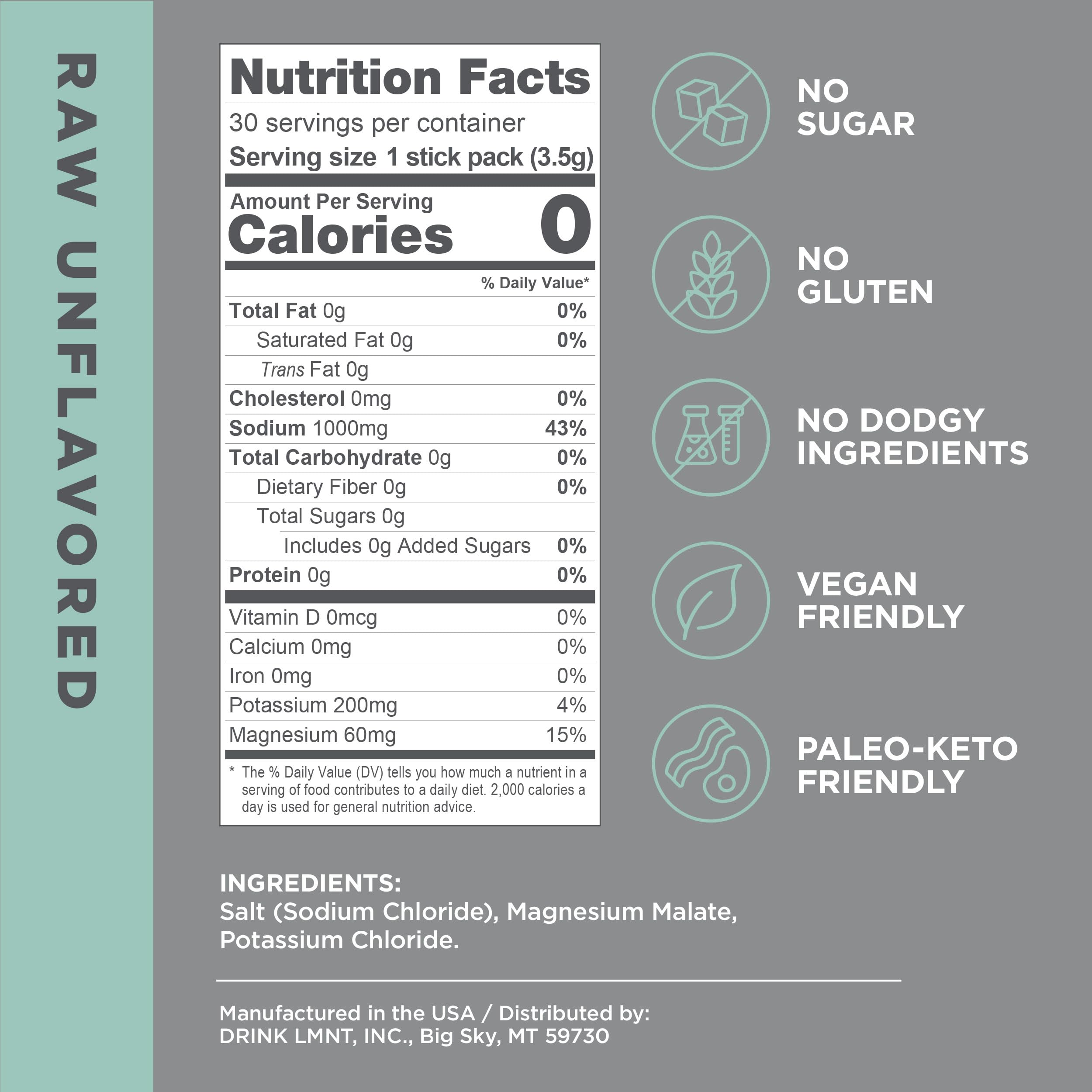 LMNT Zero-Sugar Electrolytes - Raw Unflavored Salt - Hydration Powder Packets Drink LMNT uk supplements