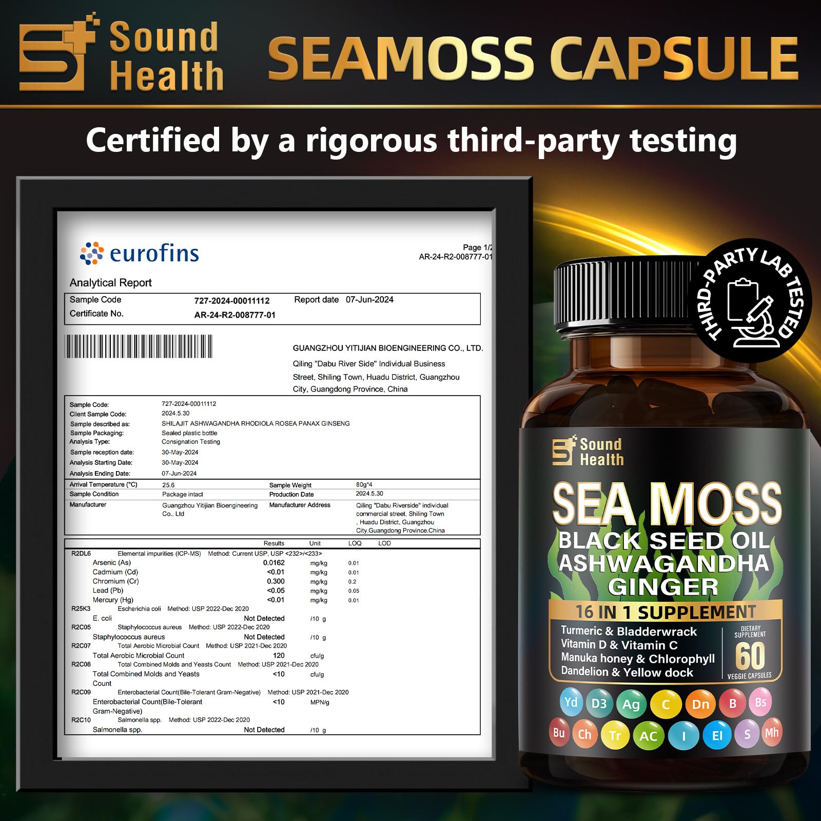 Sea Moss Capsules with Ashwagandha, Turmeric, Bladderwrack, Vitamins C & D for Natural Energy, Sleep Support & Hair Growth, 1200mg Herbal Blend, for Man & Women, Third-Party Tested，16-in-1 Supplement SoundHealth uk supplements