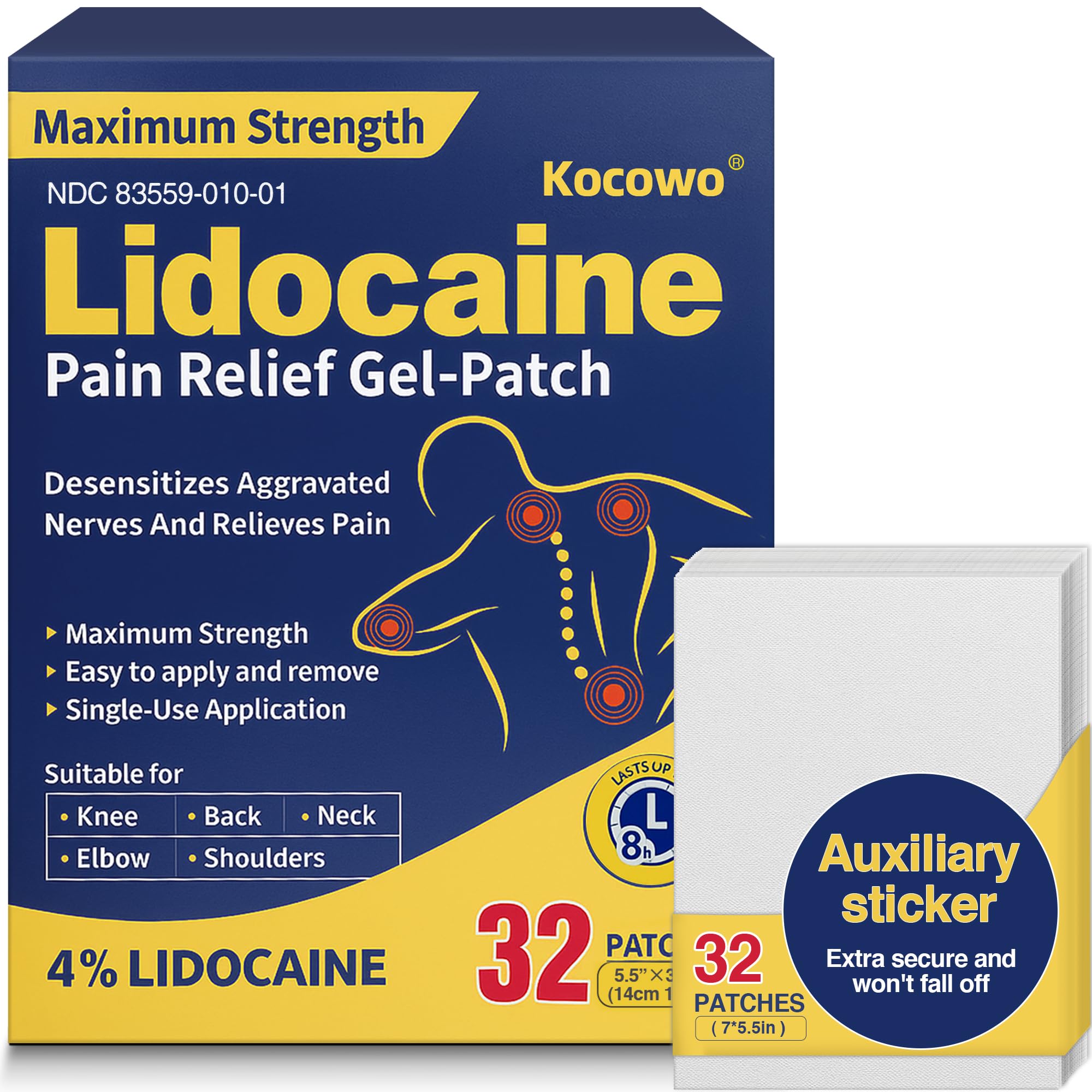 Kocowo 4% Lidocaine Maximum Strength Pain Relief Gel Patches with Auxiliary Patches for Neck Back Knee Joint Ache Muscle Soreness, 3.9” x 5.5”, 32-Count Box, NDC：83559-010-01 Kocowo uk supplements